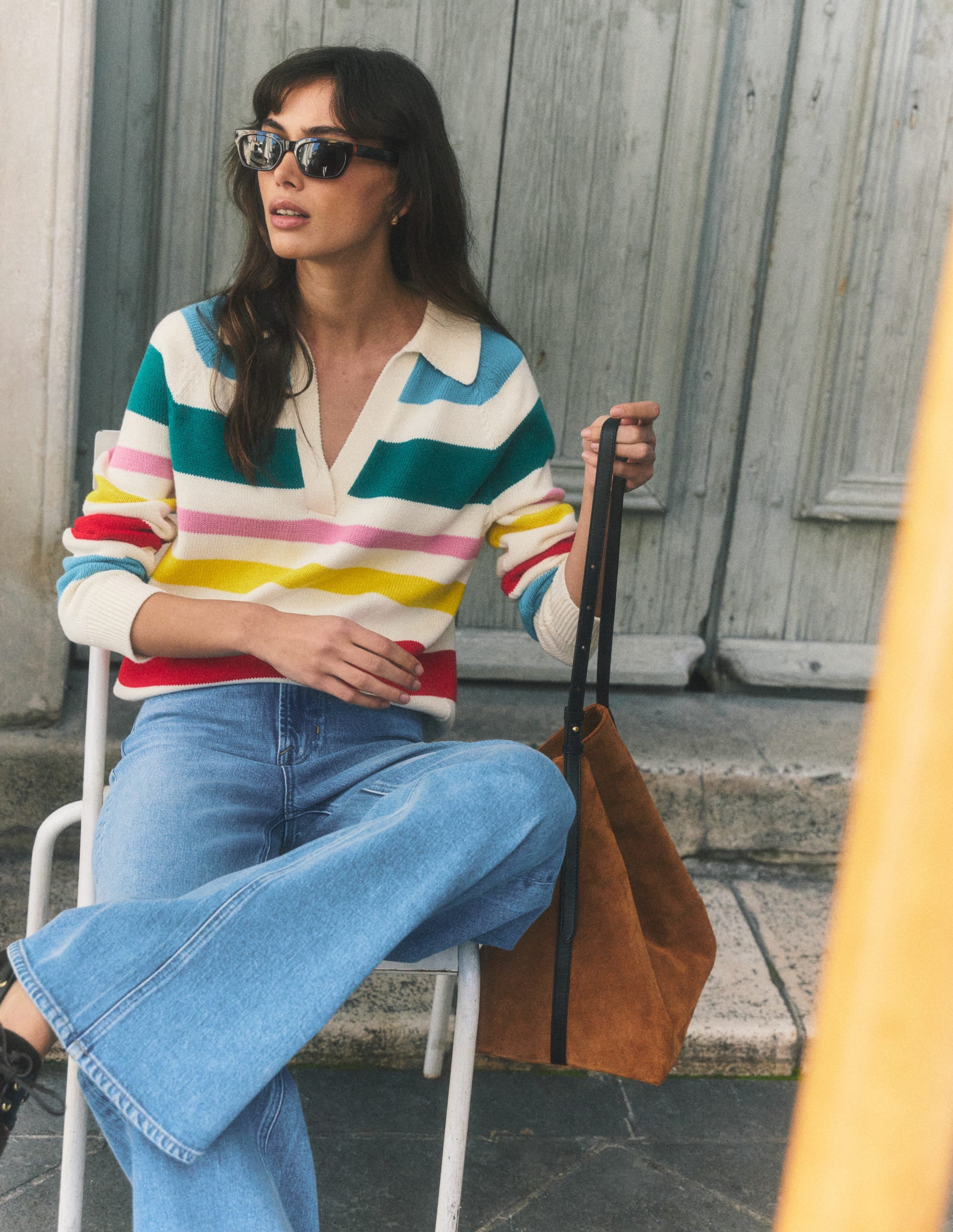 Lucy Cotton Henley Jumper-Multi Stripe - Image 1