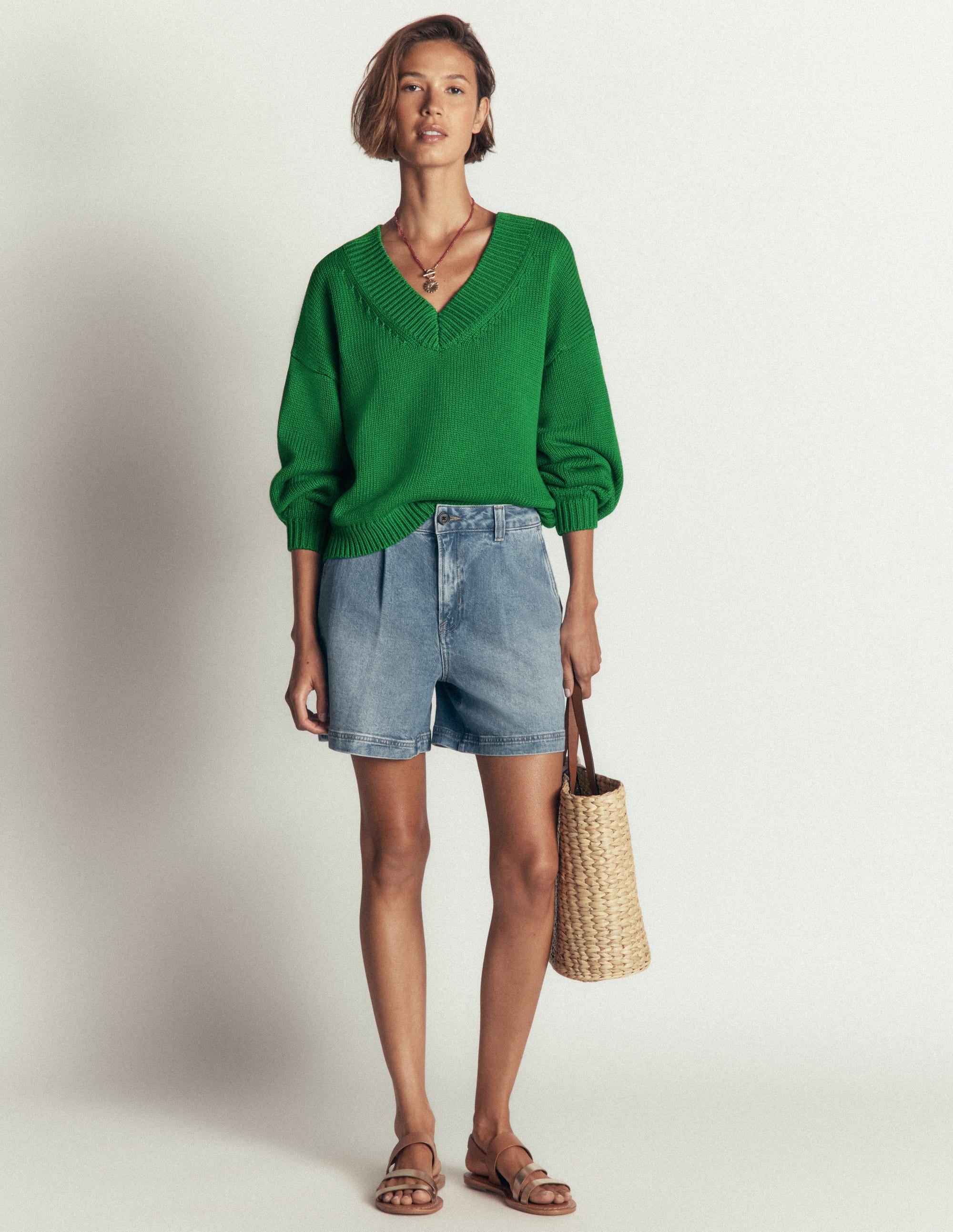 Lucy Cotton V-neck Jumper-Highland Green - Image 6