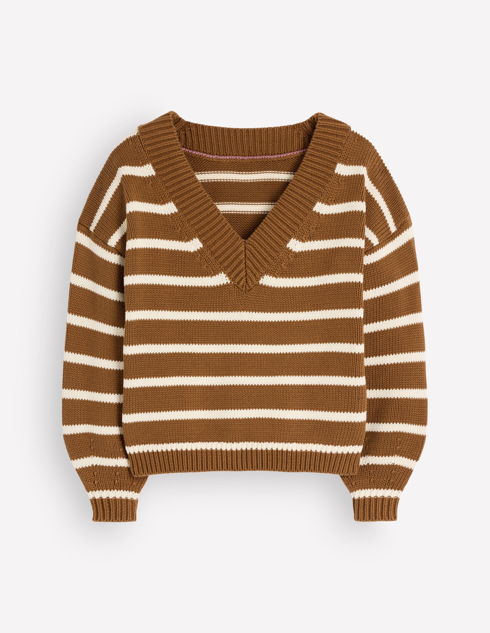 Lucy Cotton V-neck Jumper-Gingerbread, Ivory-8
