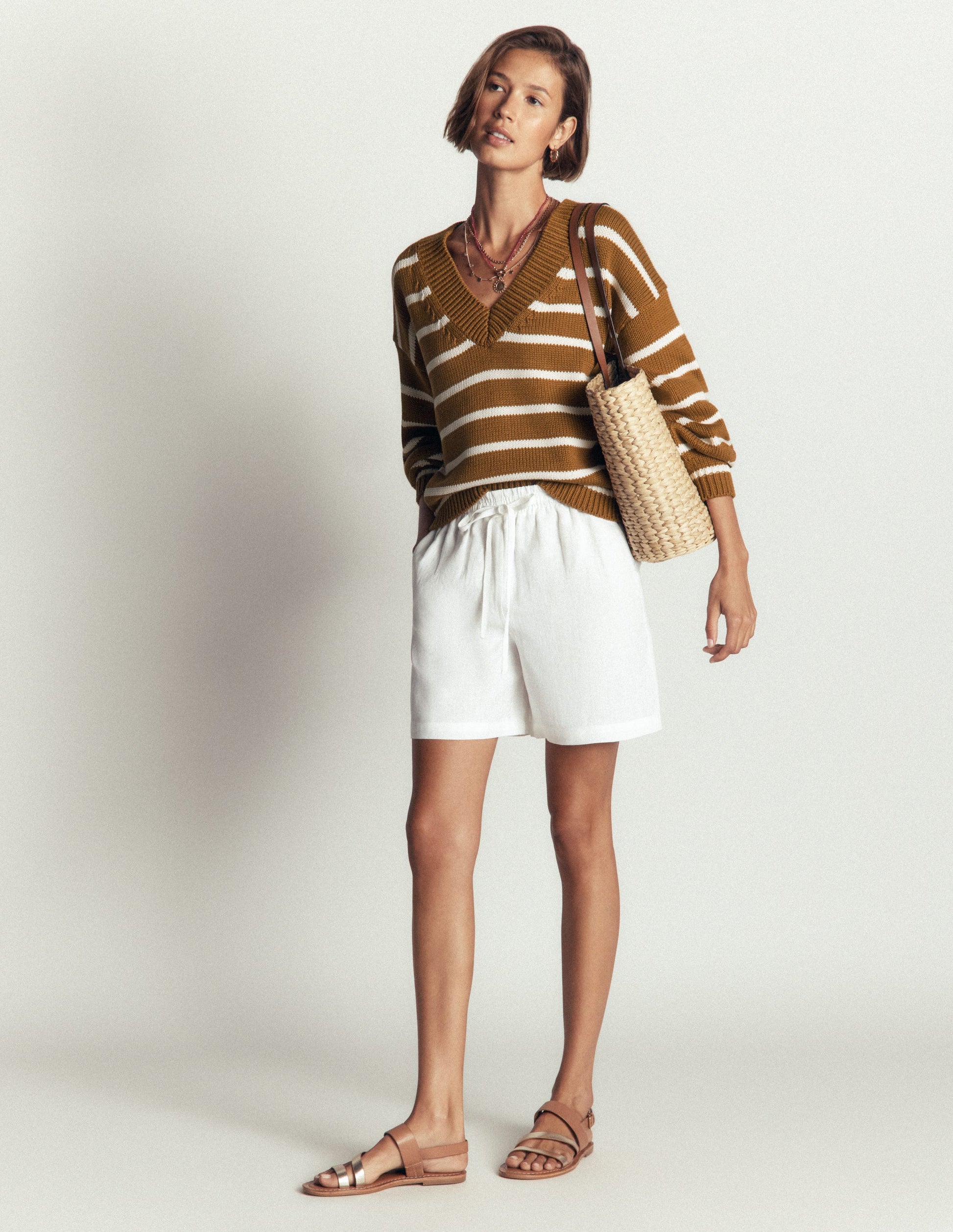 Lucy Cotton V-neck Jumper-Gingerbread, Ivory-7