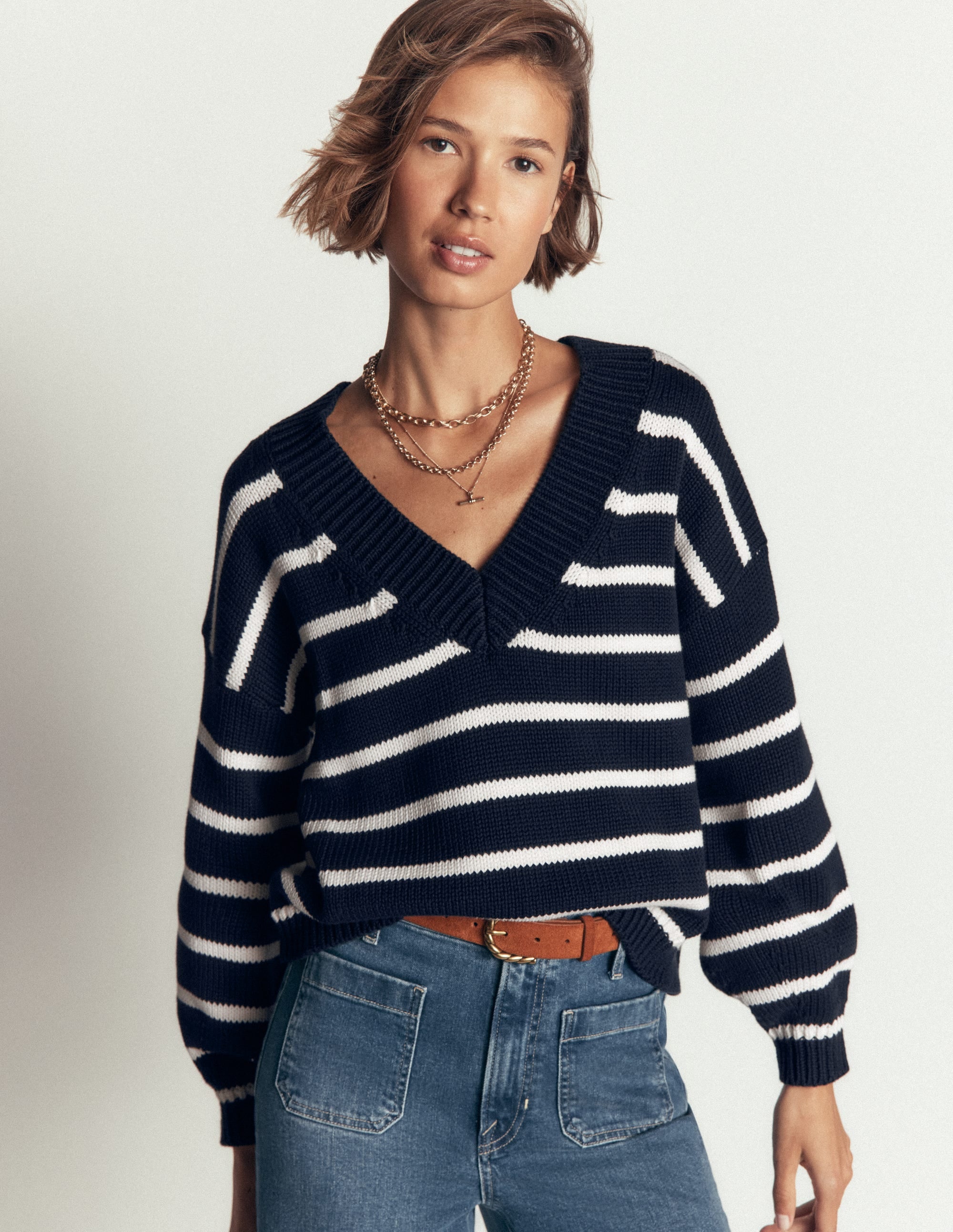 Lucy Cotton V-neck Jumper-Navy, Ivory - Image 2