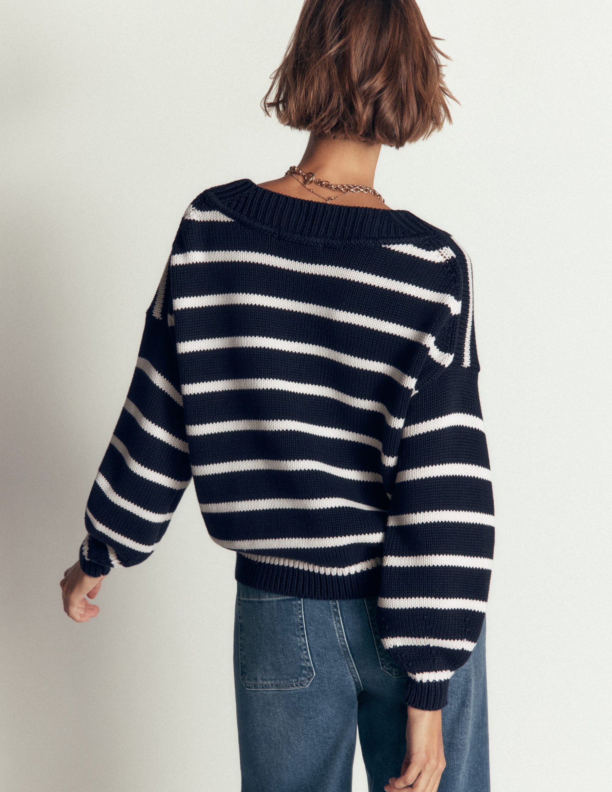 Lucy Cotton V-neck Jumper-Navy, Ivory-3