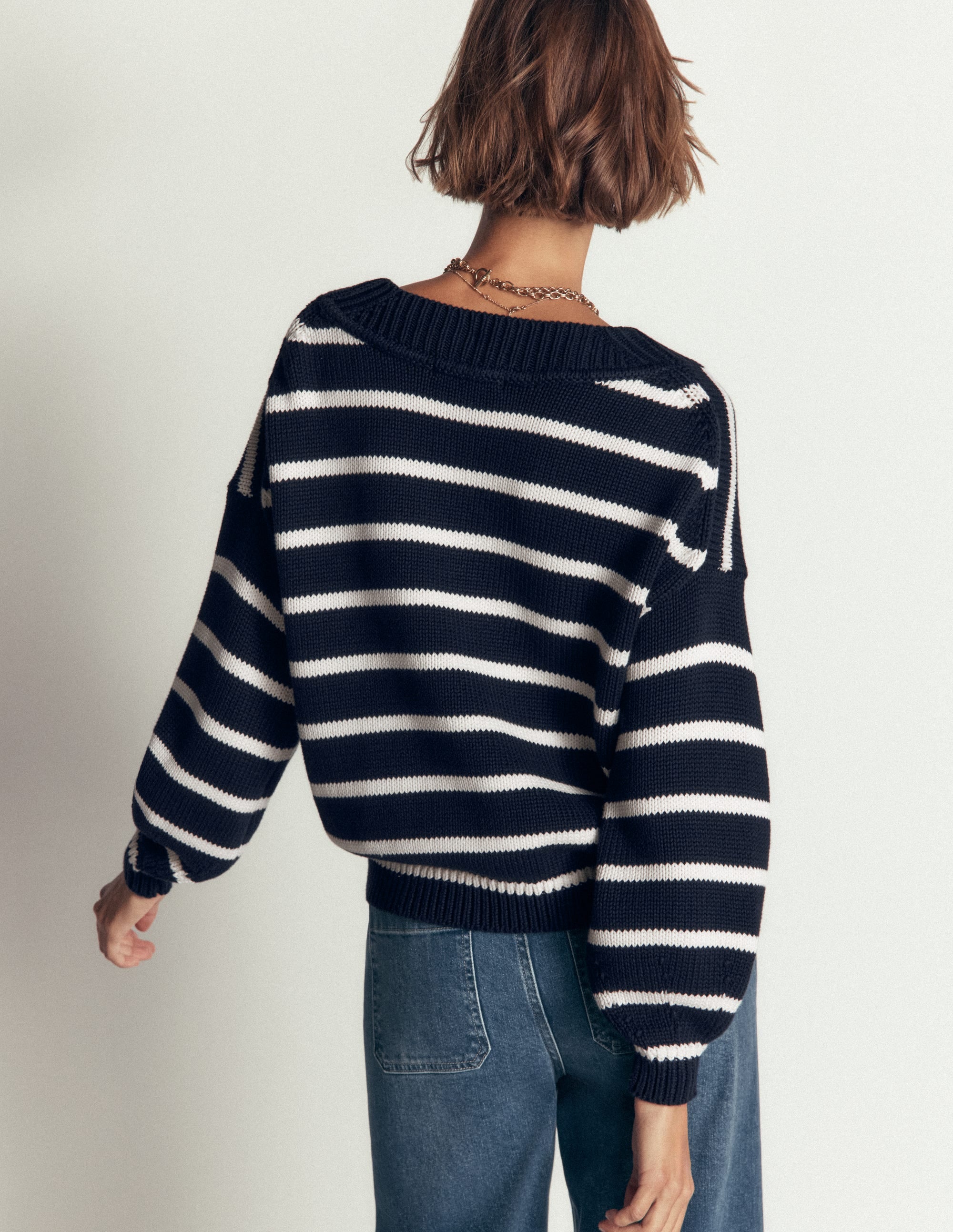 Lucy Cotton V-neck Jumper-Navy, Ivory - Image 3