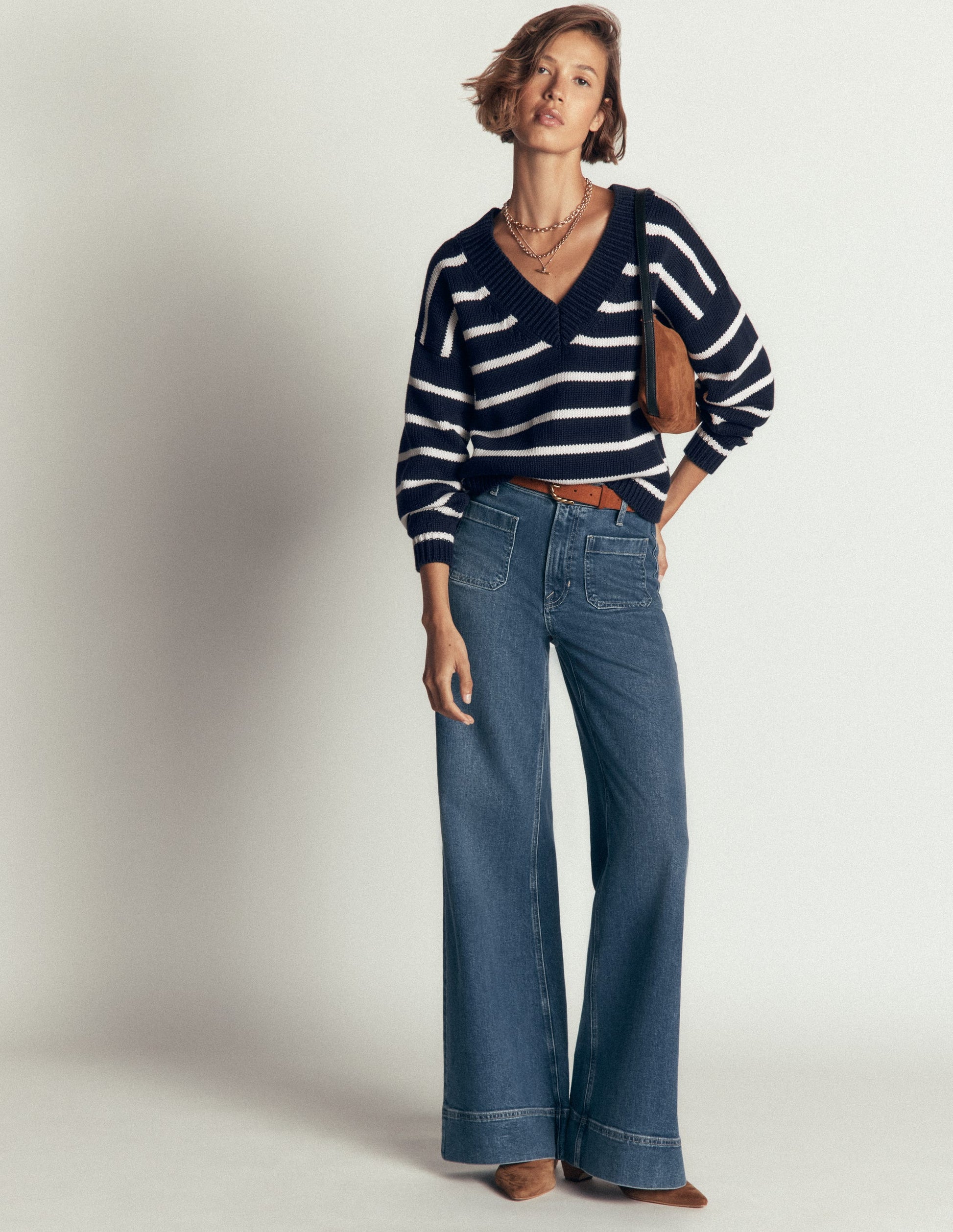 Lucy Cotton V-neck Jumper-Navy, Ivory-4
