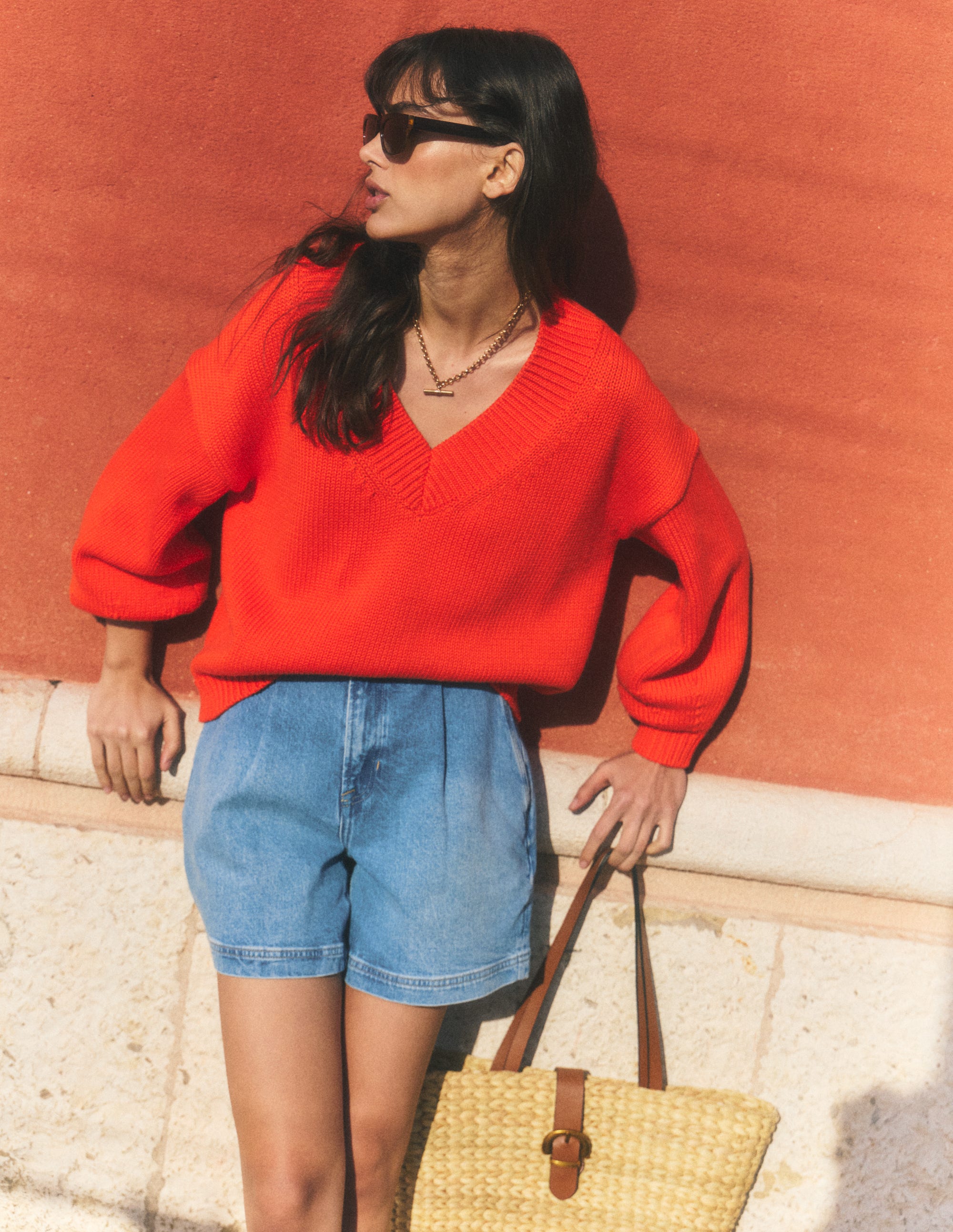 Lucy Cotton V-neck Jumper-Sunset Orange - Image 7