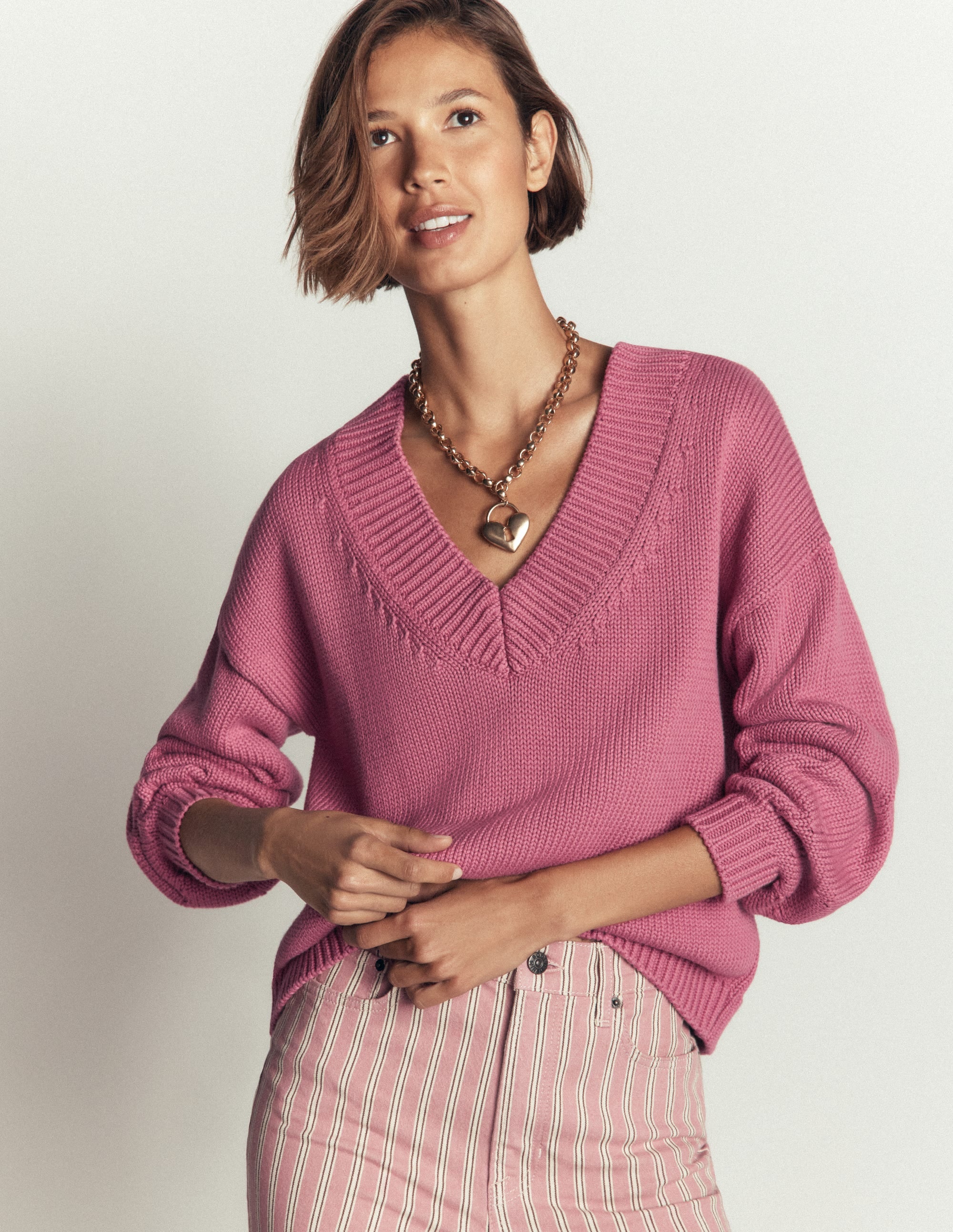 Lucy Cotton V-neck Jumper-Pink Heather - Image 6
