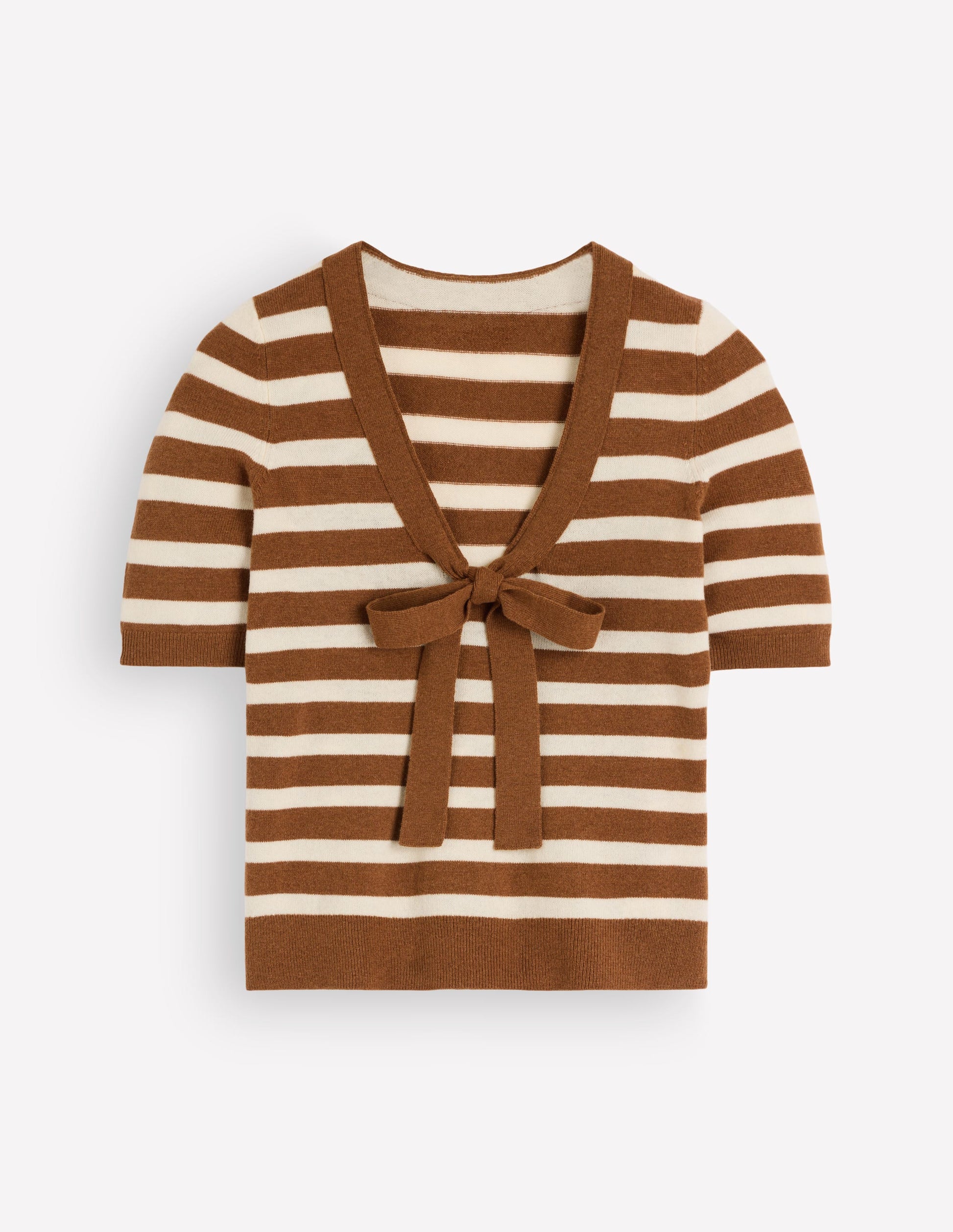 Bow Neck Knitted T-shirt-Gingerbread, Ivory Stripe-6