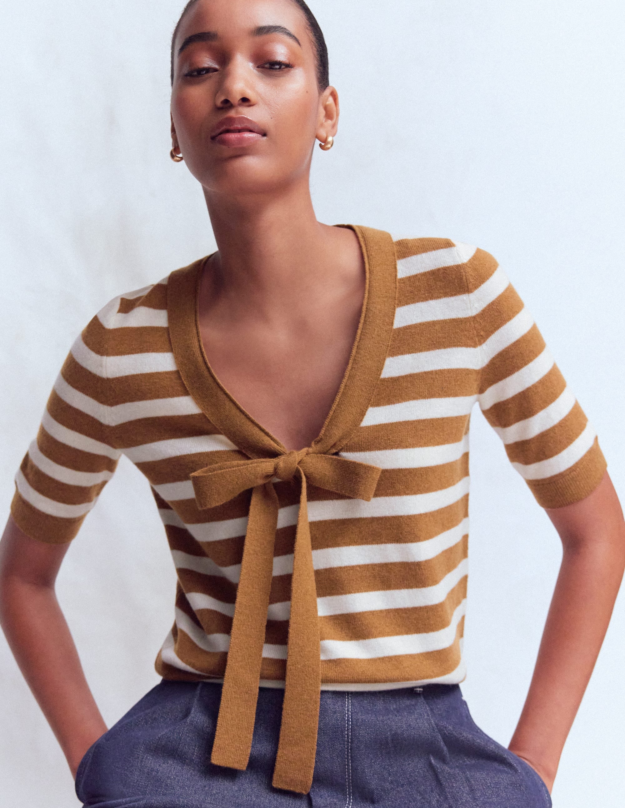 Bow Neck Knitted T-shirt-Gingerbread, Ivory Stripe - Image 1