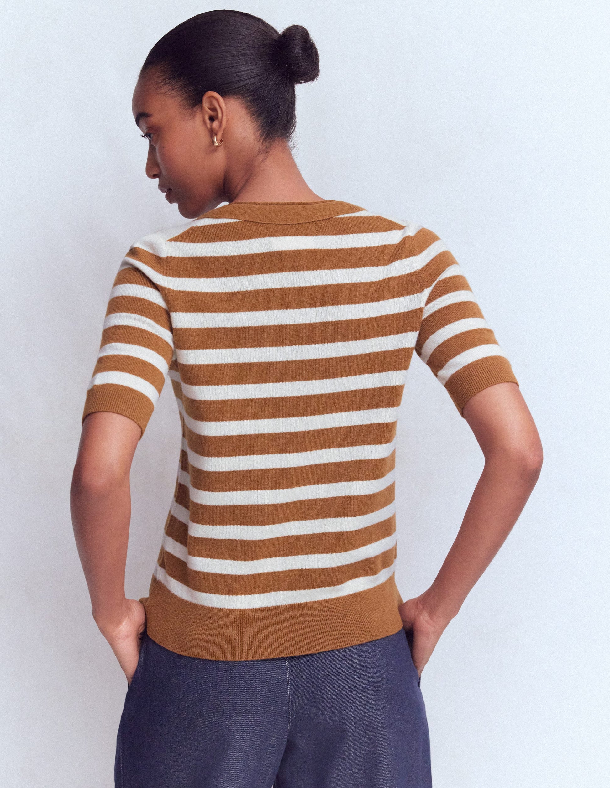 Bow Neck Knitted T-shirt-Gingerbread, Ivory Stripe-3