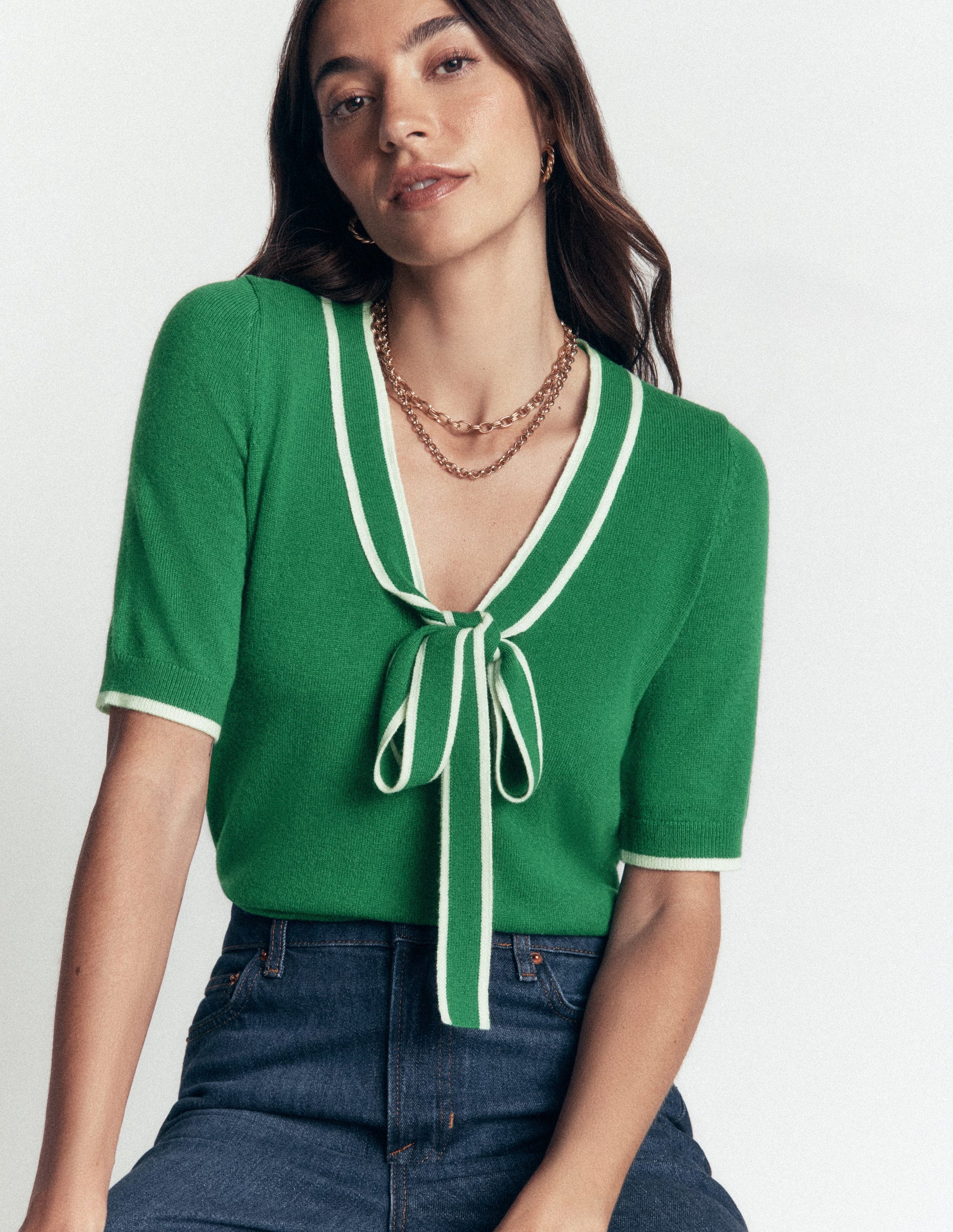 Bow Neck Knitted T-shirt-Fresh Green-1
