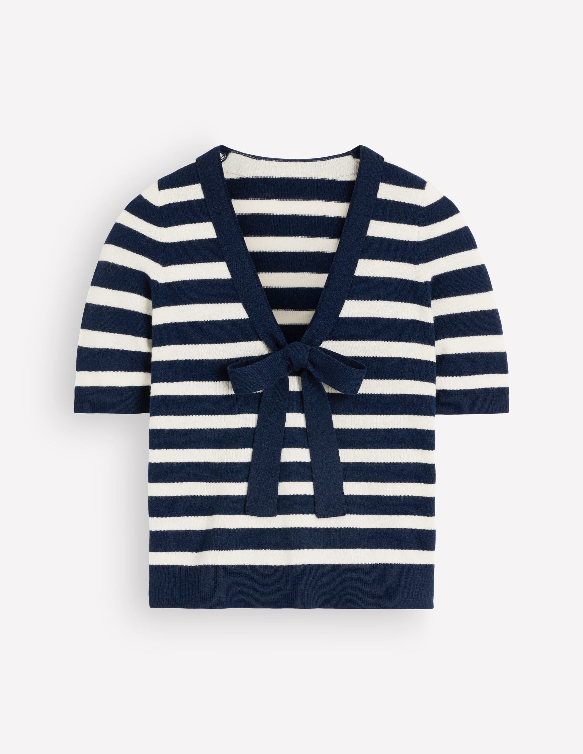 Bow Neck Knitted T-shirt-Navy, Ivory Stripe-8