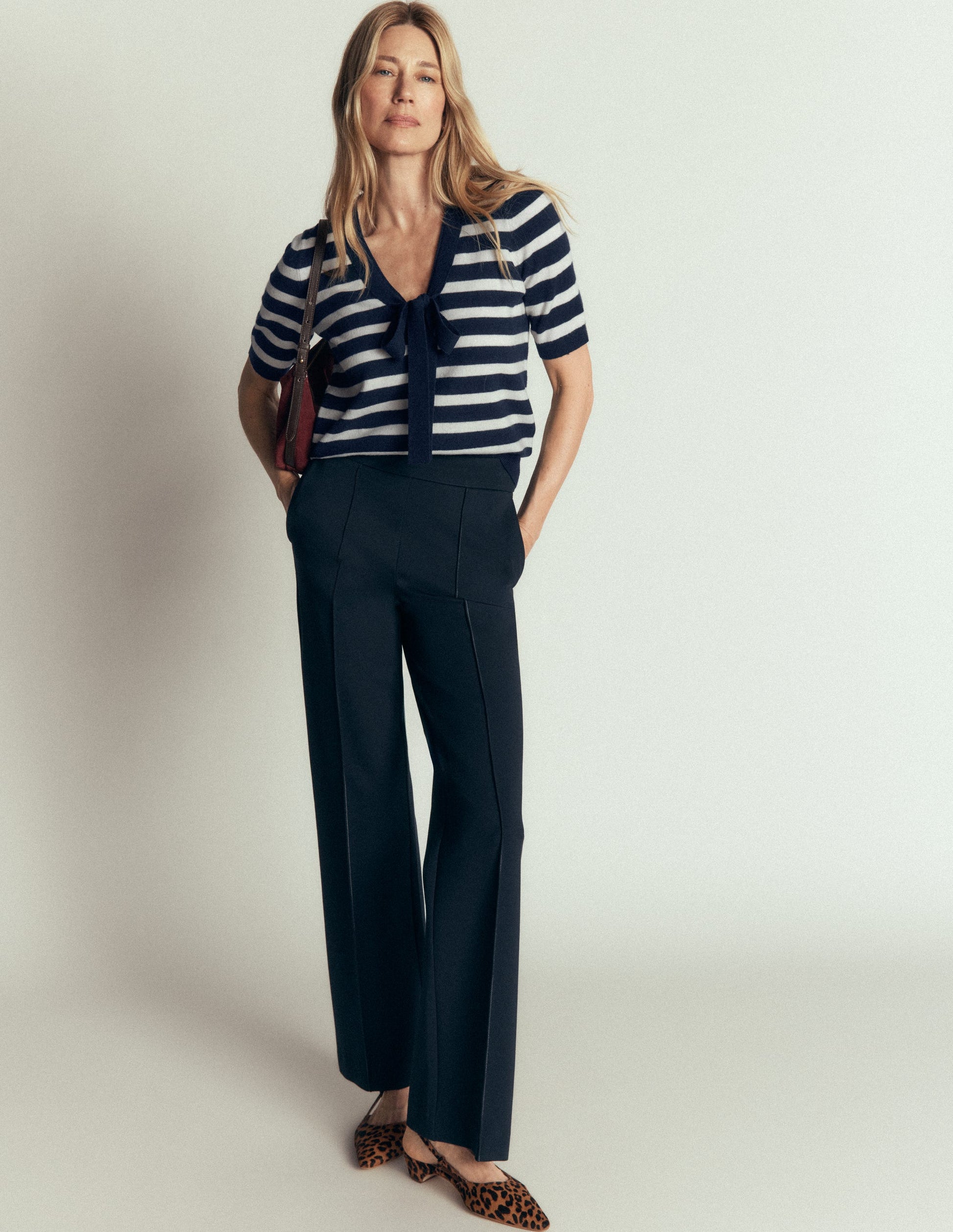 Bow Neck Knitted T-shirt-Navy, Ivory Stripe-1