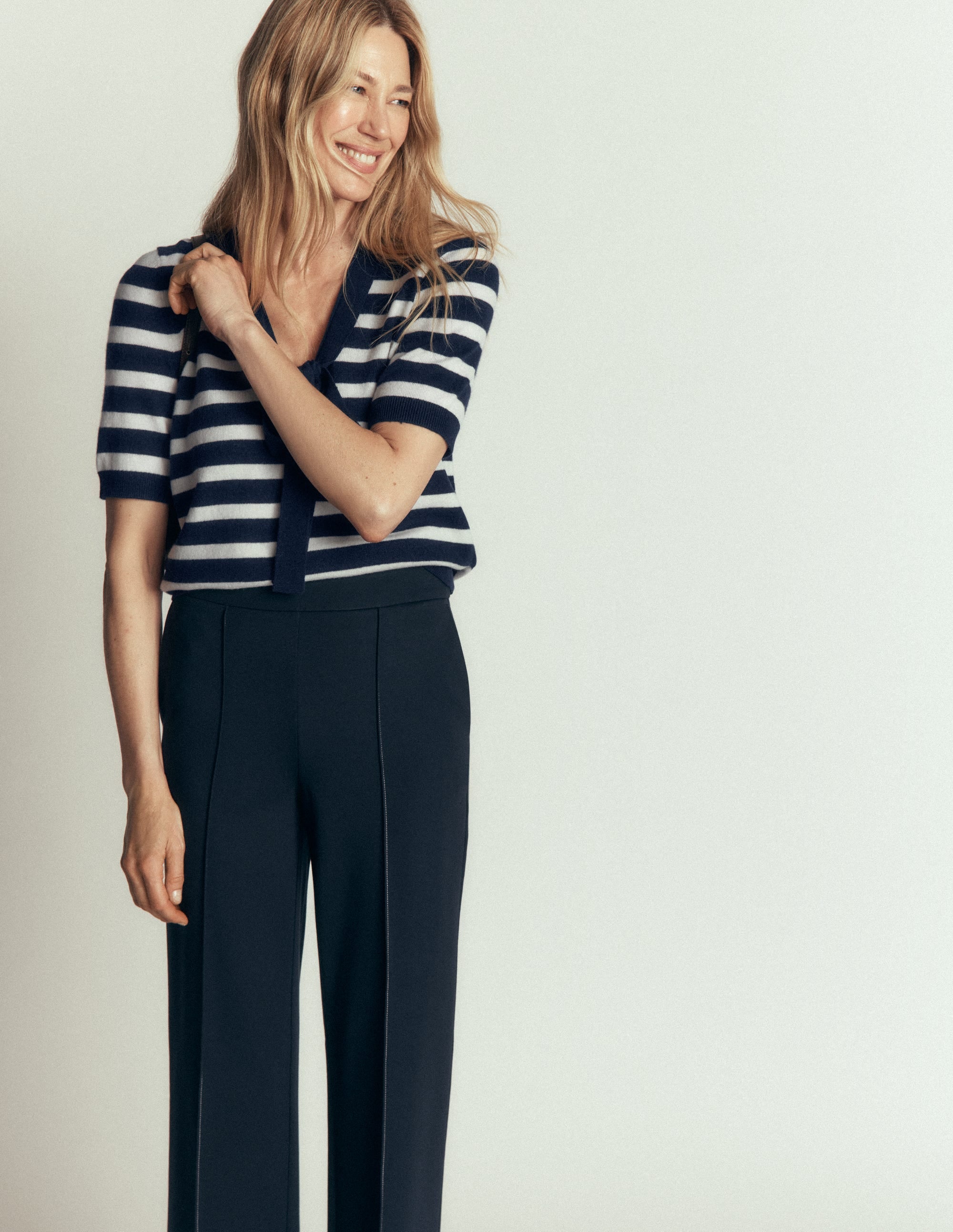 Bow Neck Knitted T-shirt-Navy, Ivory Stripe - Image 5
