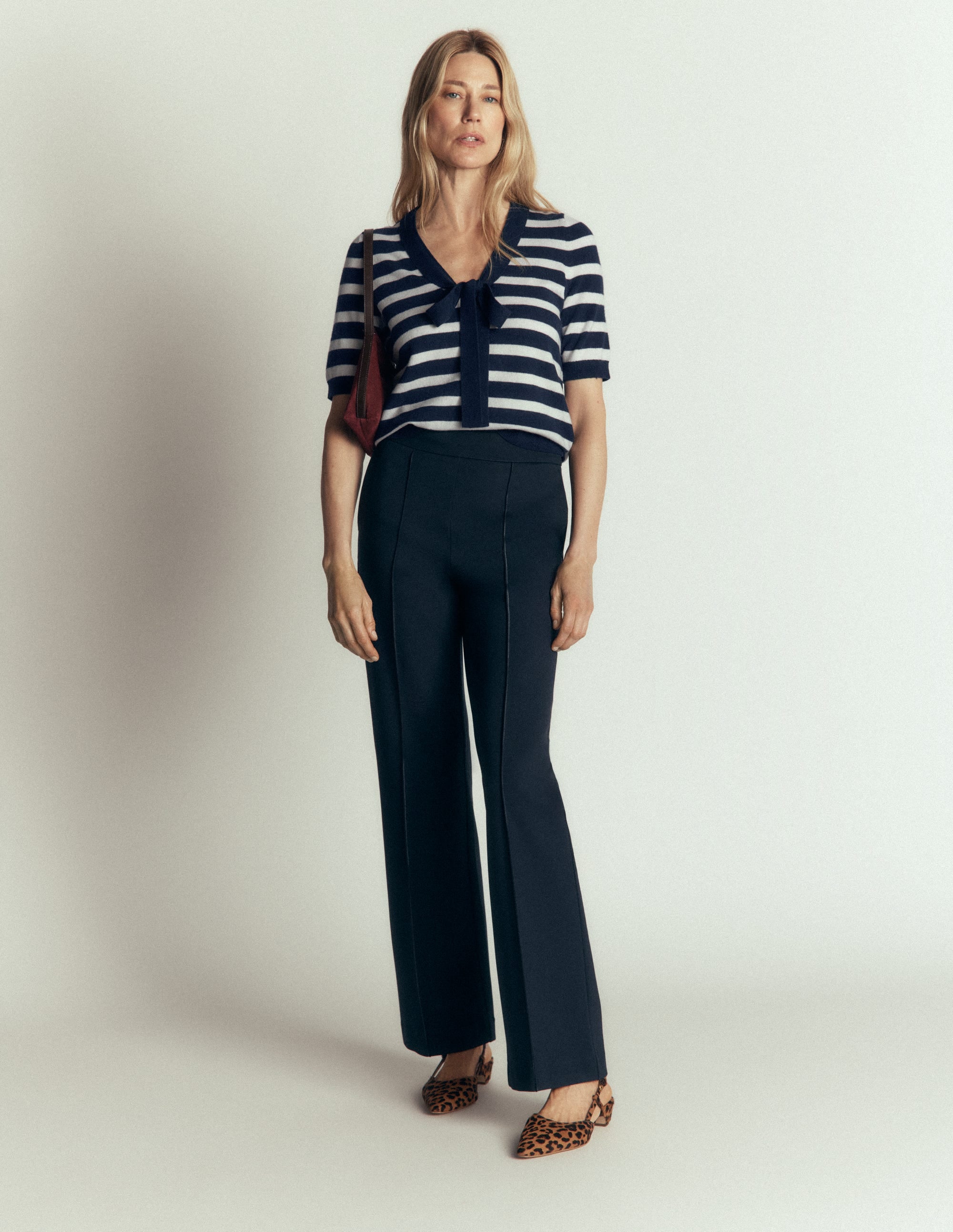 Bow Neck Knitted T-shirt-Navy, Ivory Stripe - Image 6