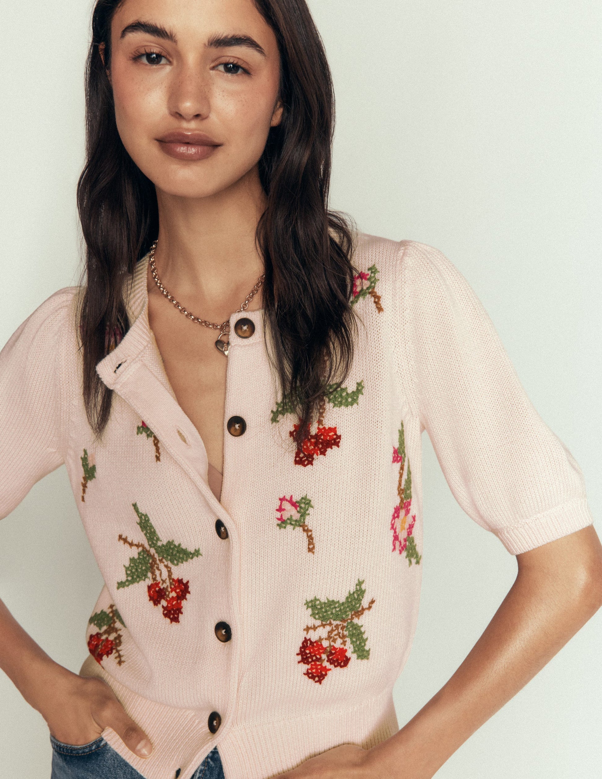 Puff Sleeve Cotton Cardigan-Warm Ivory, Embroidered-2