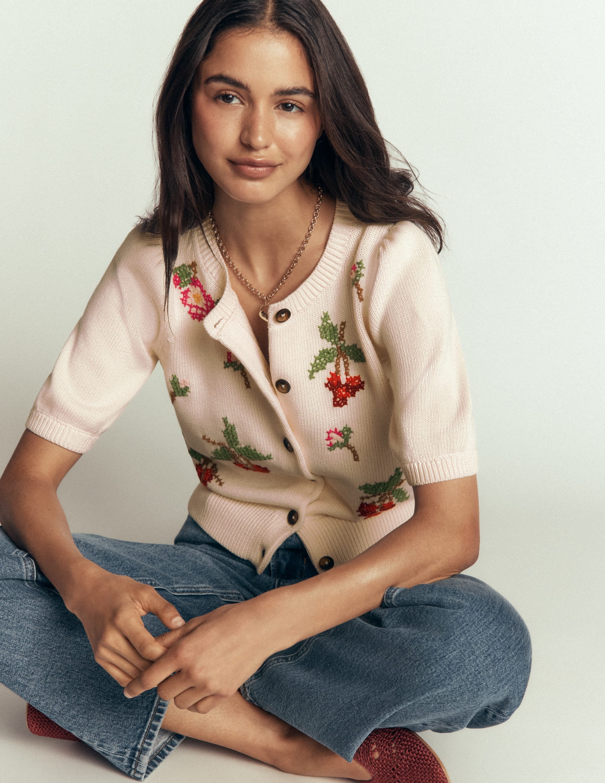 Puff Sleeve Cotton Cardigan-Warm Ivory, Embroidered - Image 4