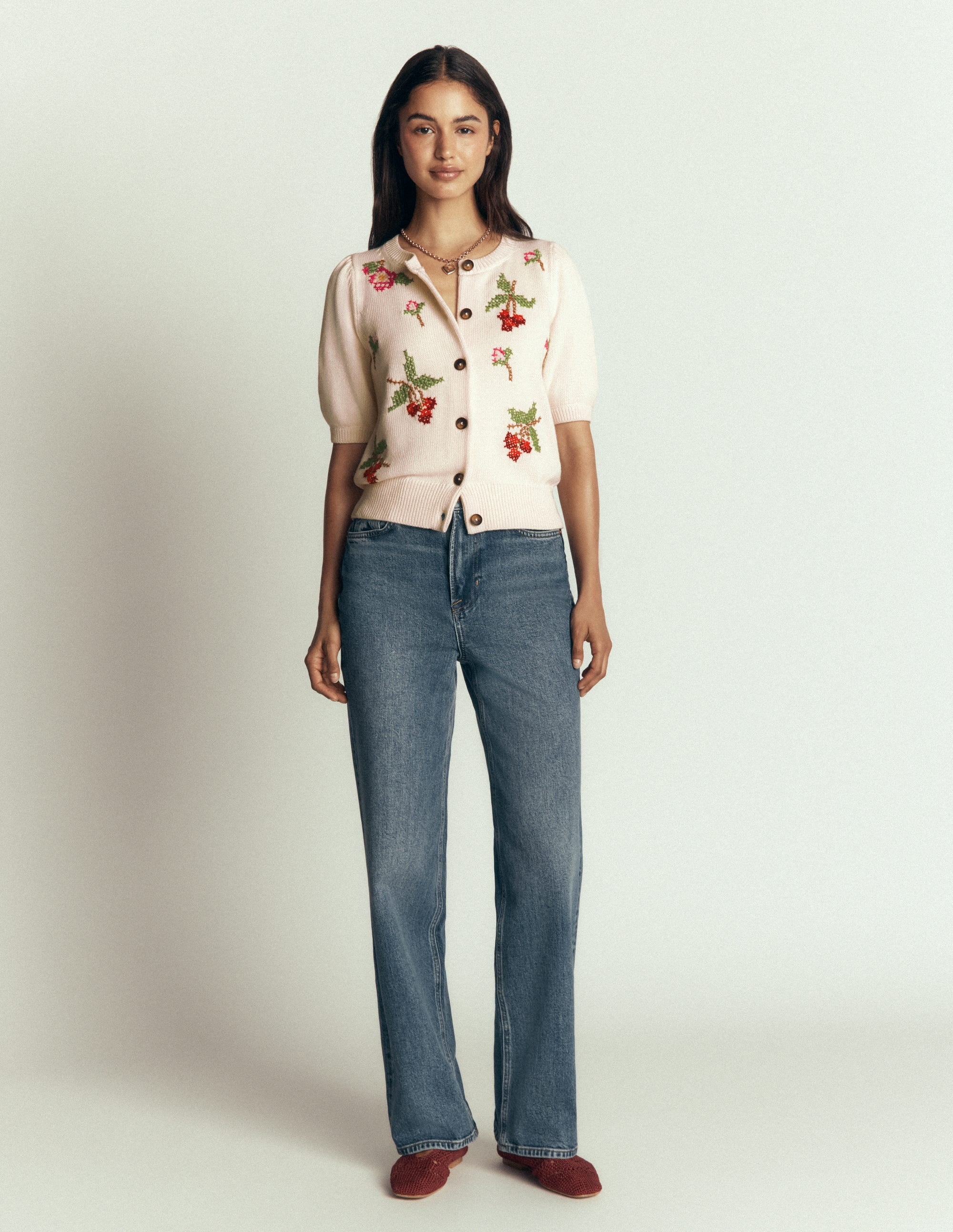 Puff Sleeve Cotton Cardigan-Warm Ivory, Embroidered - Image 6