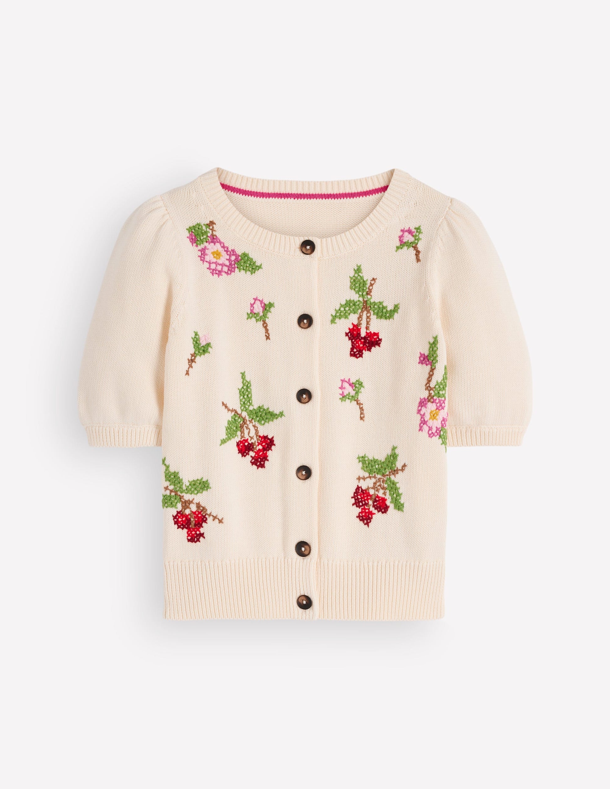 Puff Sleeve Cotton Cardigan-Warm Ivory, Embroidered-8