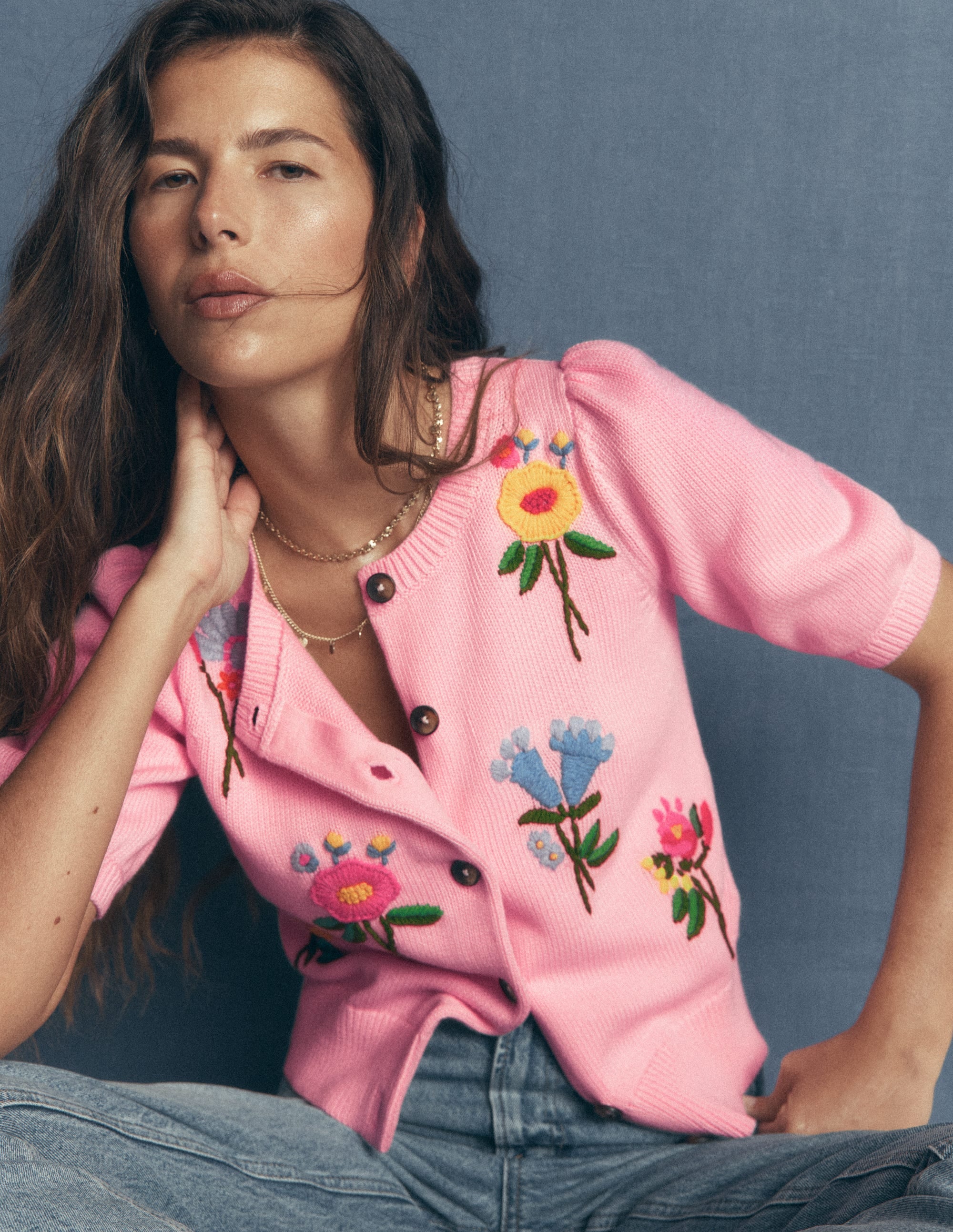 Puff Sleeve Cotton Cardigan-Blossom Pink, Embroidered - Image 1