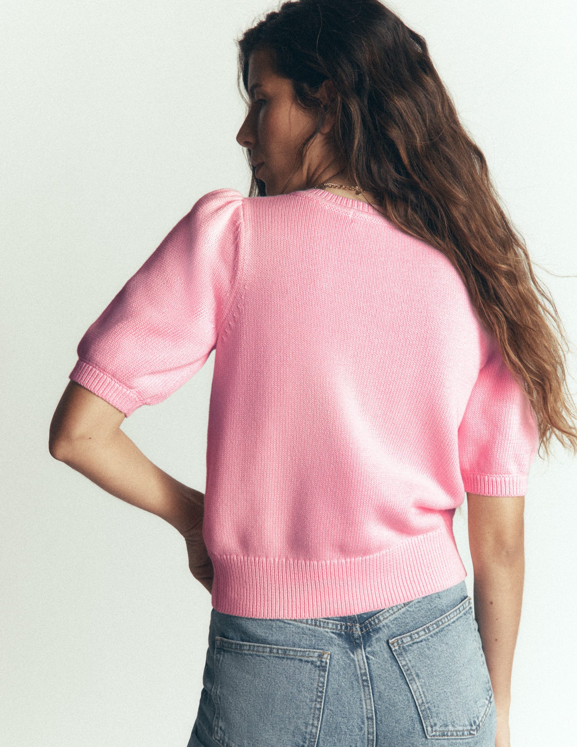 Puff Sleeve Cotton Cardigan-Blossom Pink, Embroidered-3