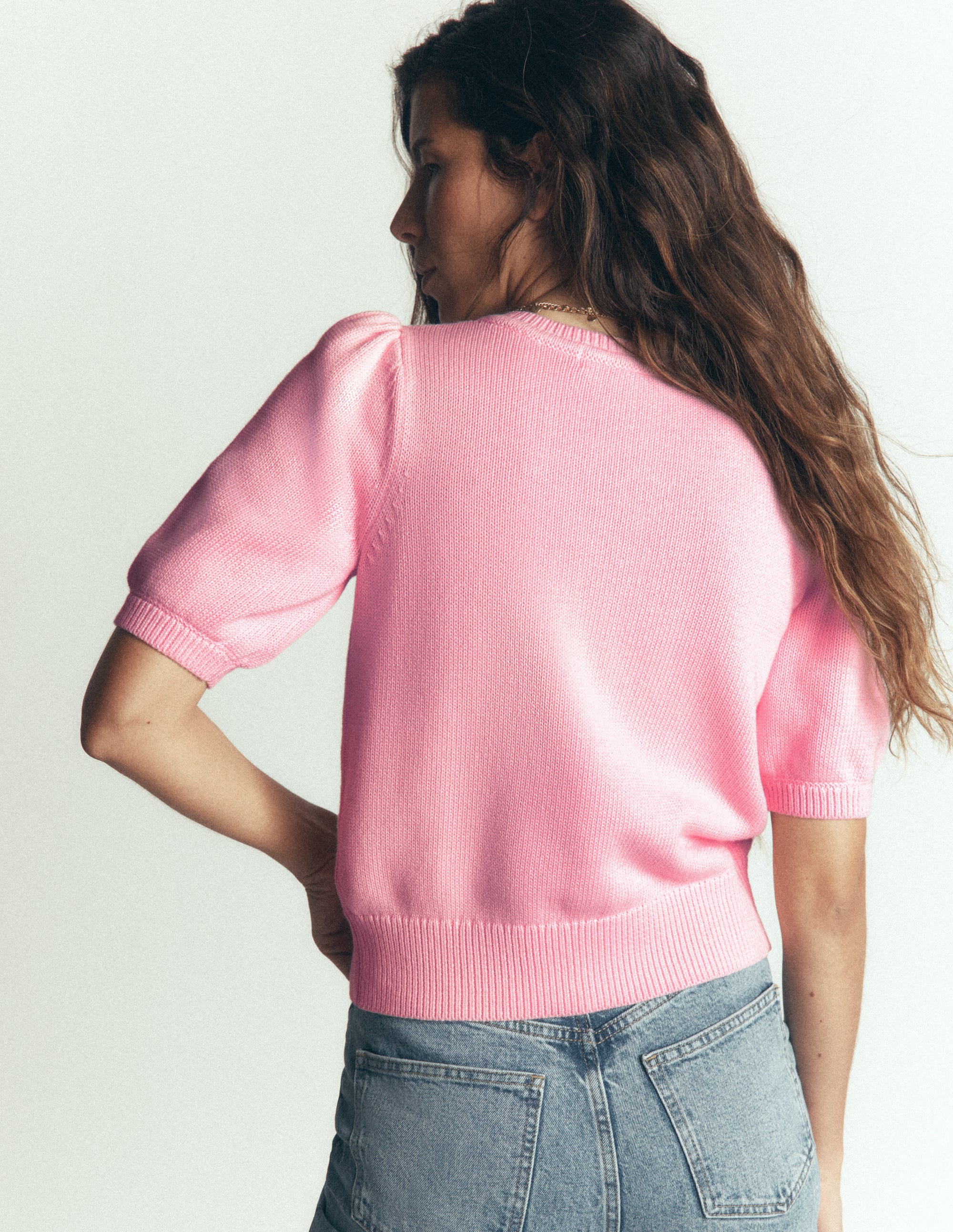Puff Sleeve Cotton Cardigan-Blossom Pink, Embroidered - Image 3
