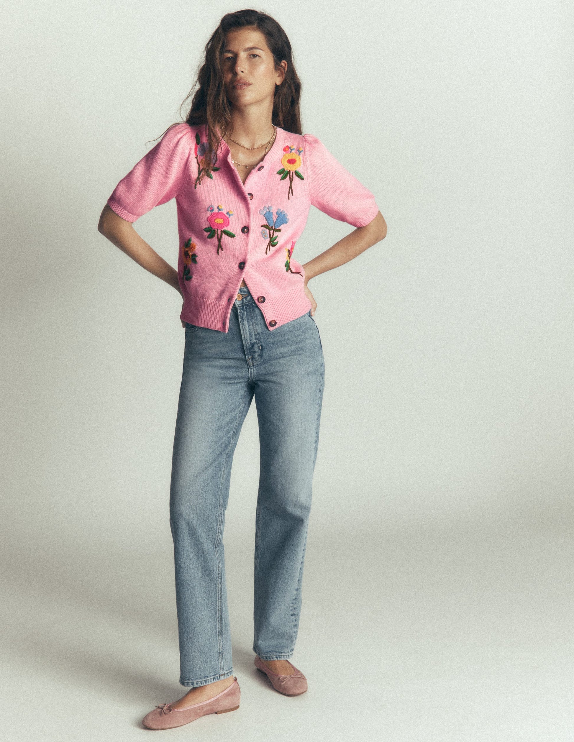 Puff Sleeve Cotton Cardigan-Blossom Pink, Embroidered-4