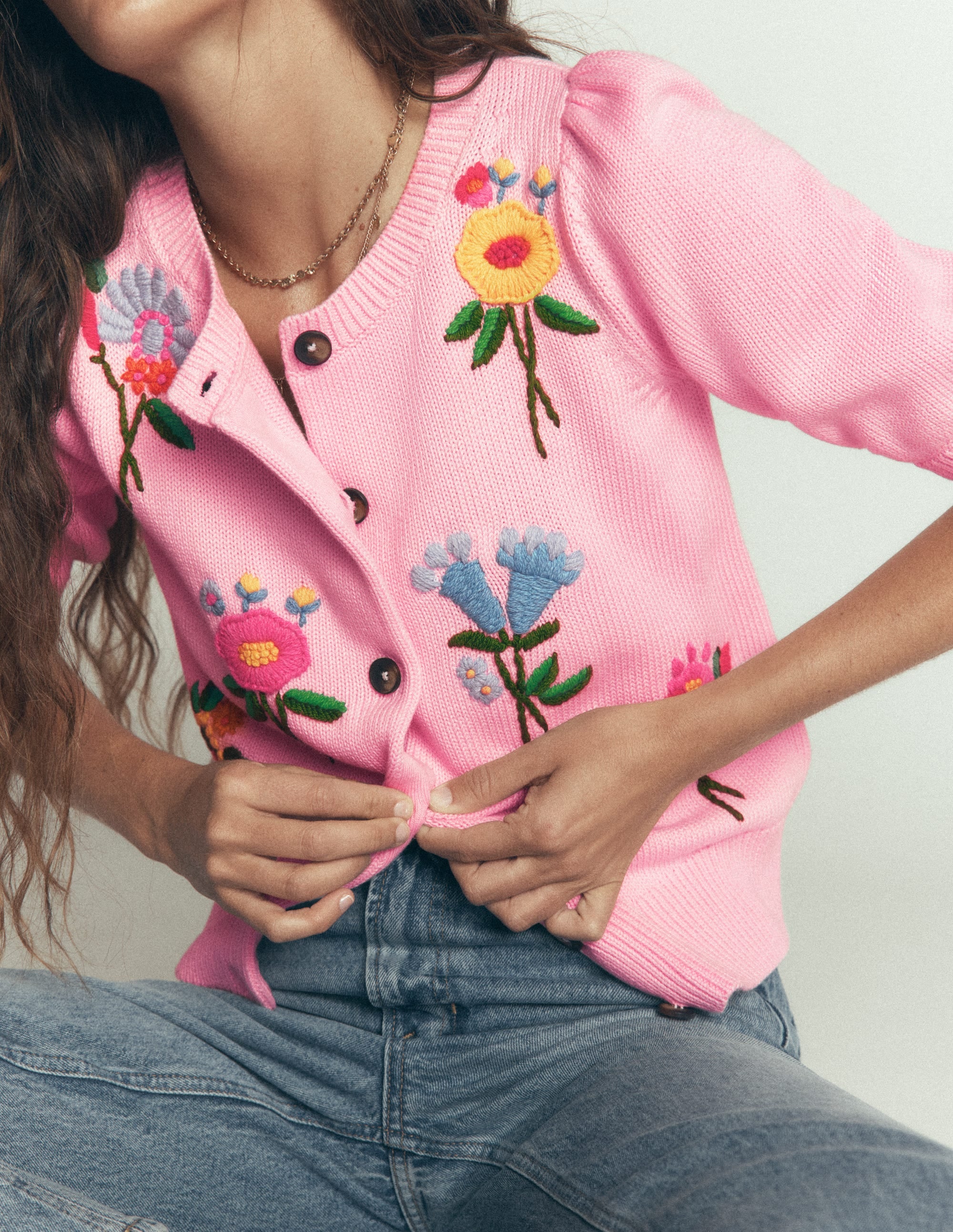 Puff Sleeve Cotton Cardigan-Blossom Pink, Embroidered - Image 6