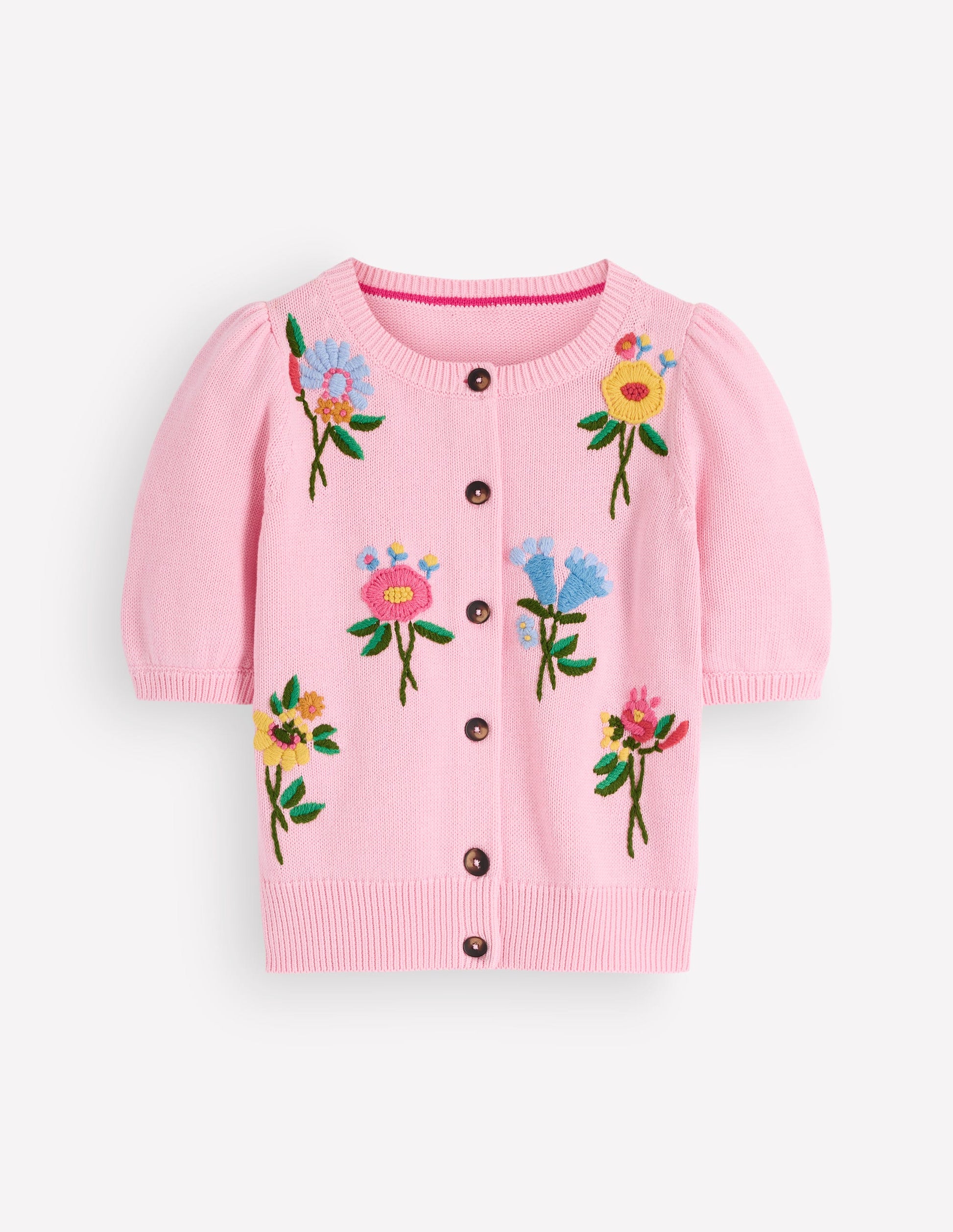 Puff Sleeve Cotton Cardigan-Blossom Pink, Embroidered-8