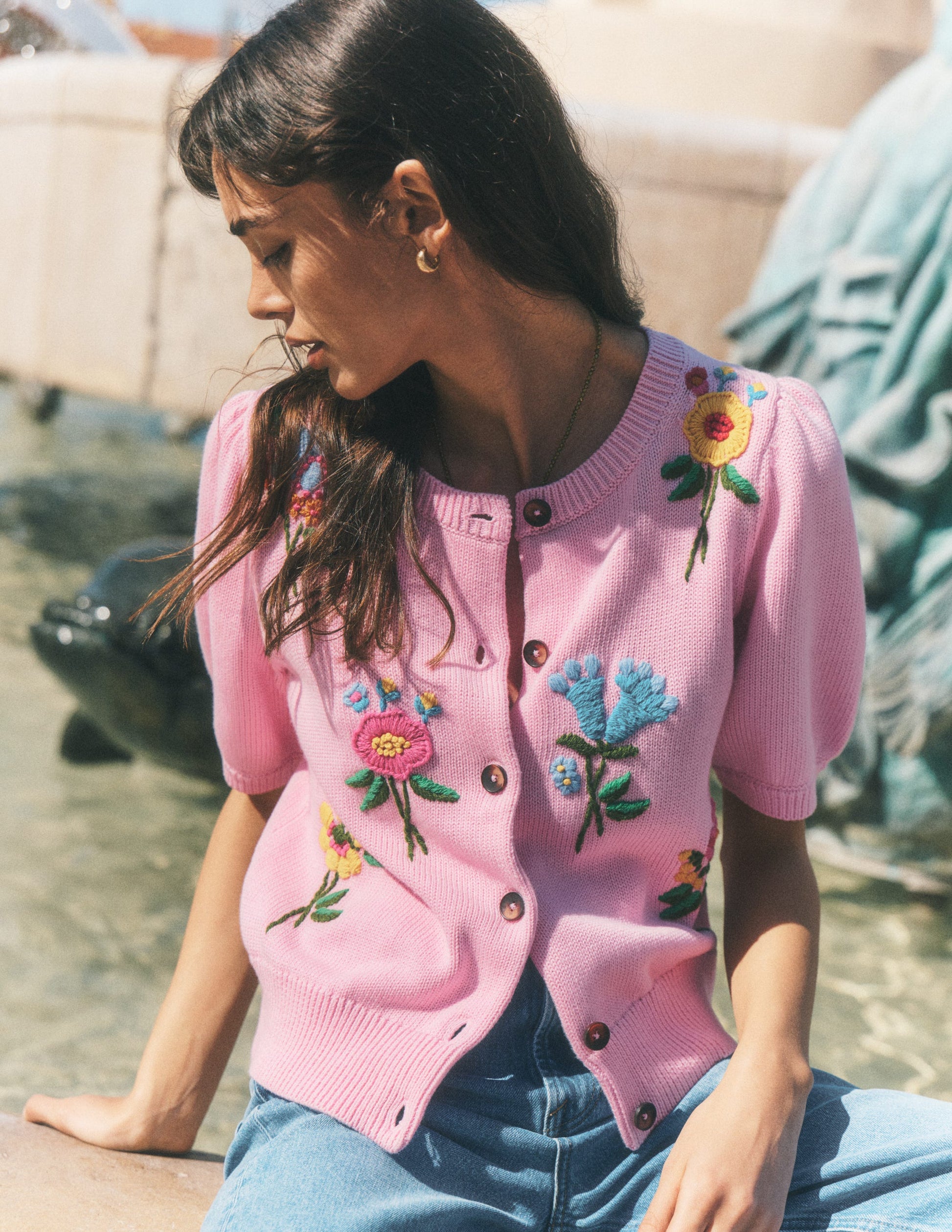 Puff Sleeve Cotton Cardigan-Blossom Pink, Embroidered-1
