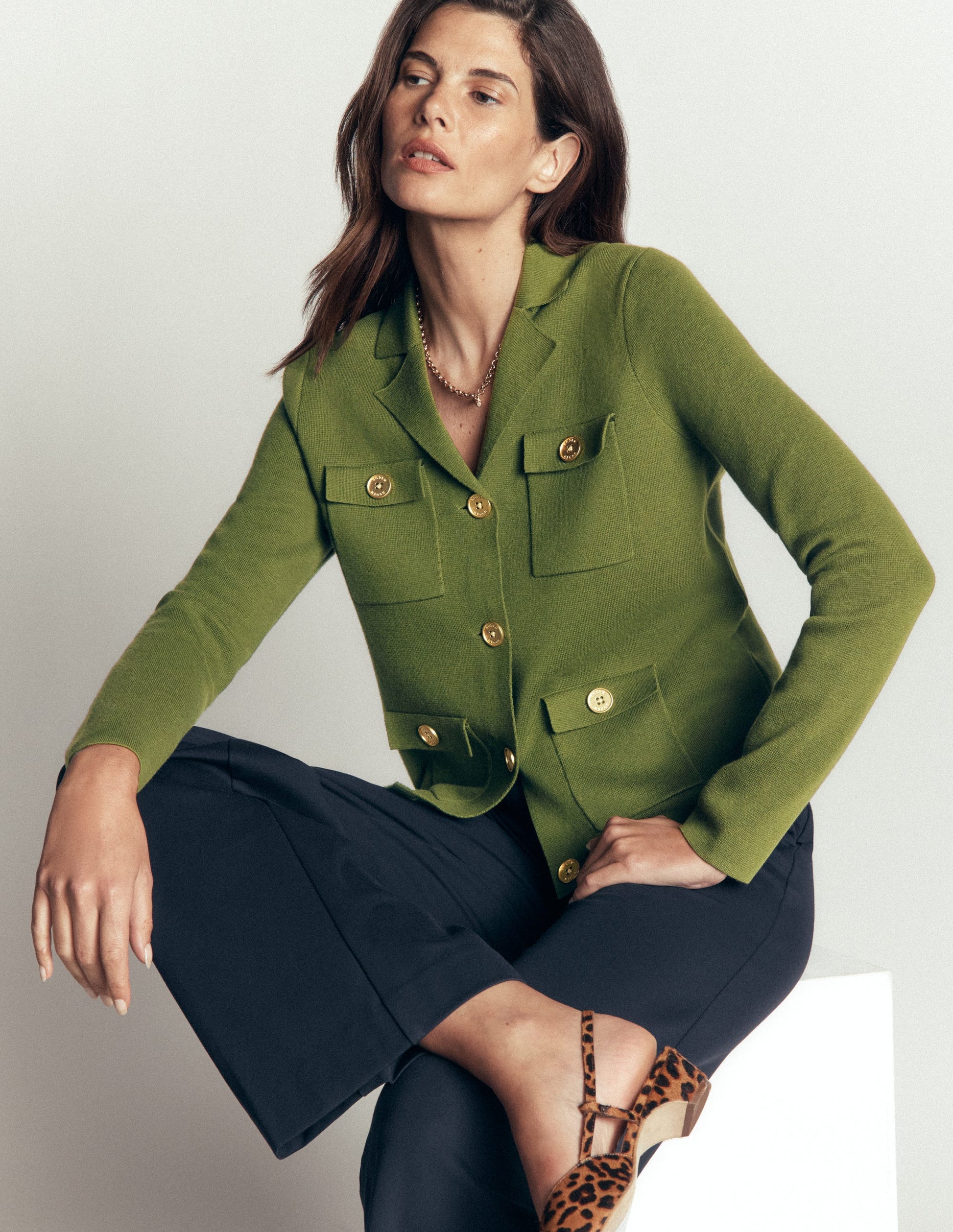 Phoebe Collared Knitted Jacket-Forest Green-1
