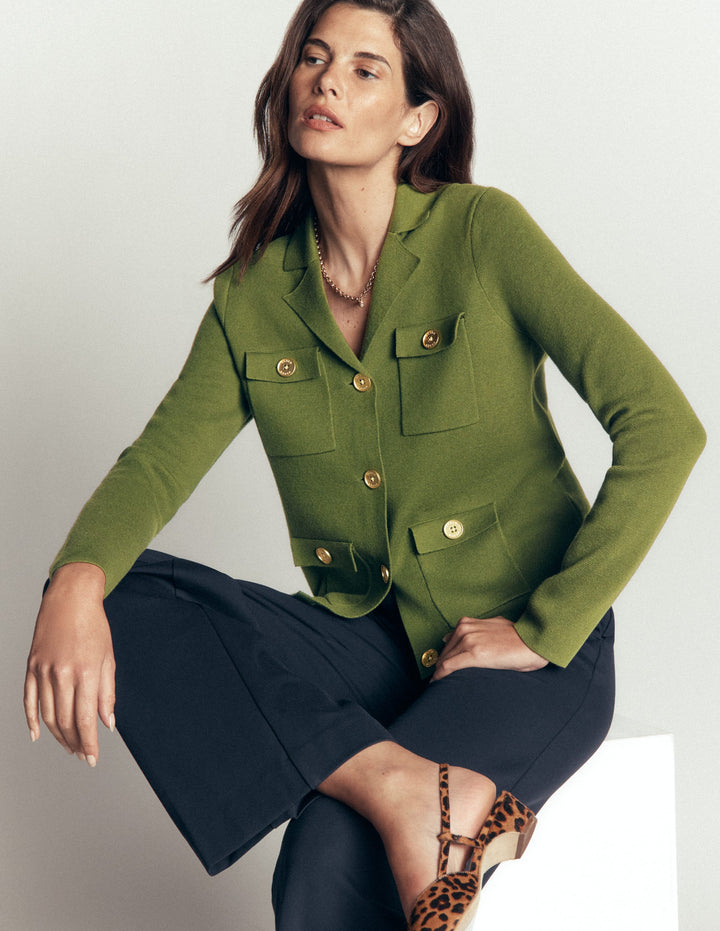 Phoebe Collared Knitted Jacket-Forest Green