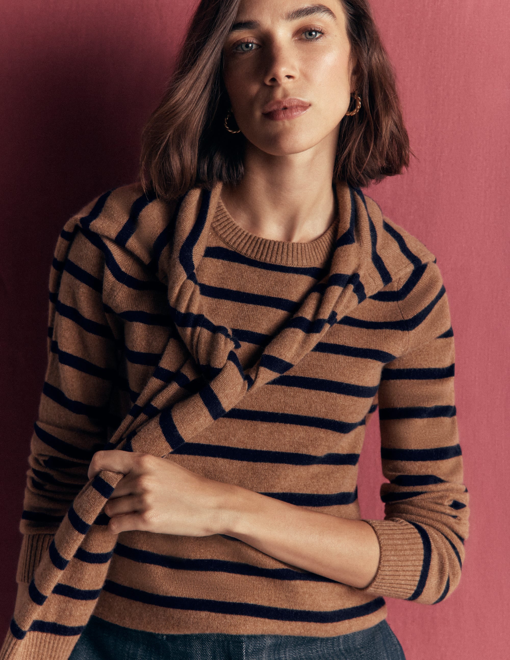Elsie Cashmere Crew Jumper-Warm Ginger, Stripe - Image 1
