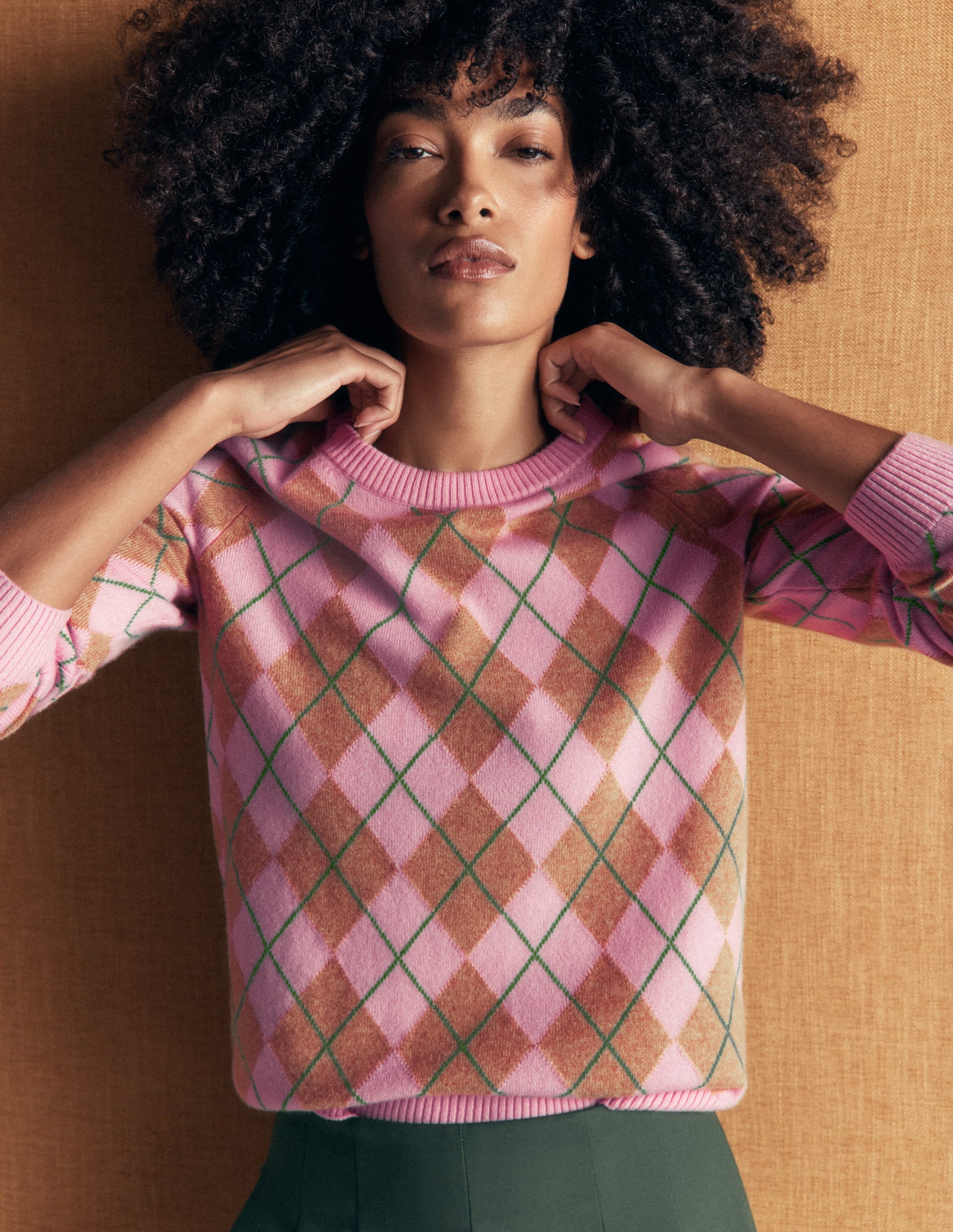 Elsie Cashmere Crew Jumper-Pink Heather, Argyle-3