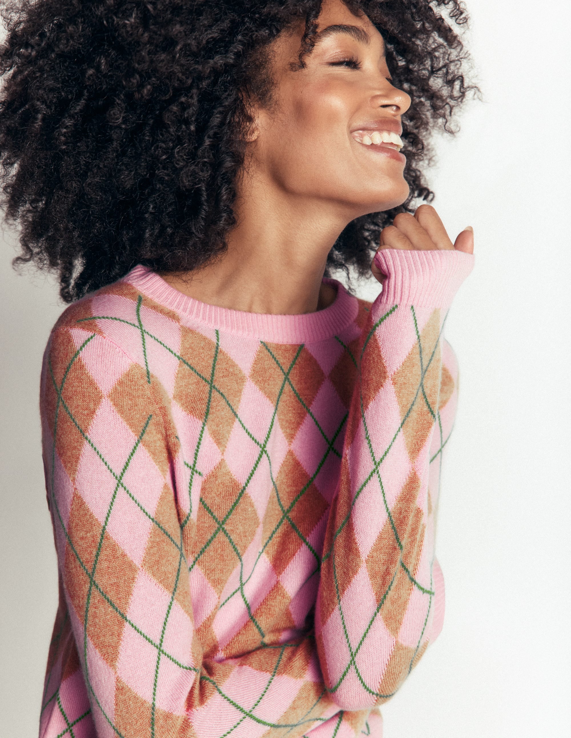 Elsie Cashmere Crew Jumper-Pink Heather, Argyle - Image 3