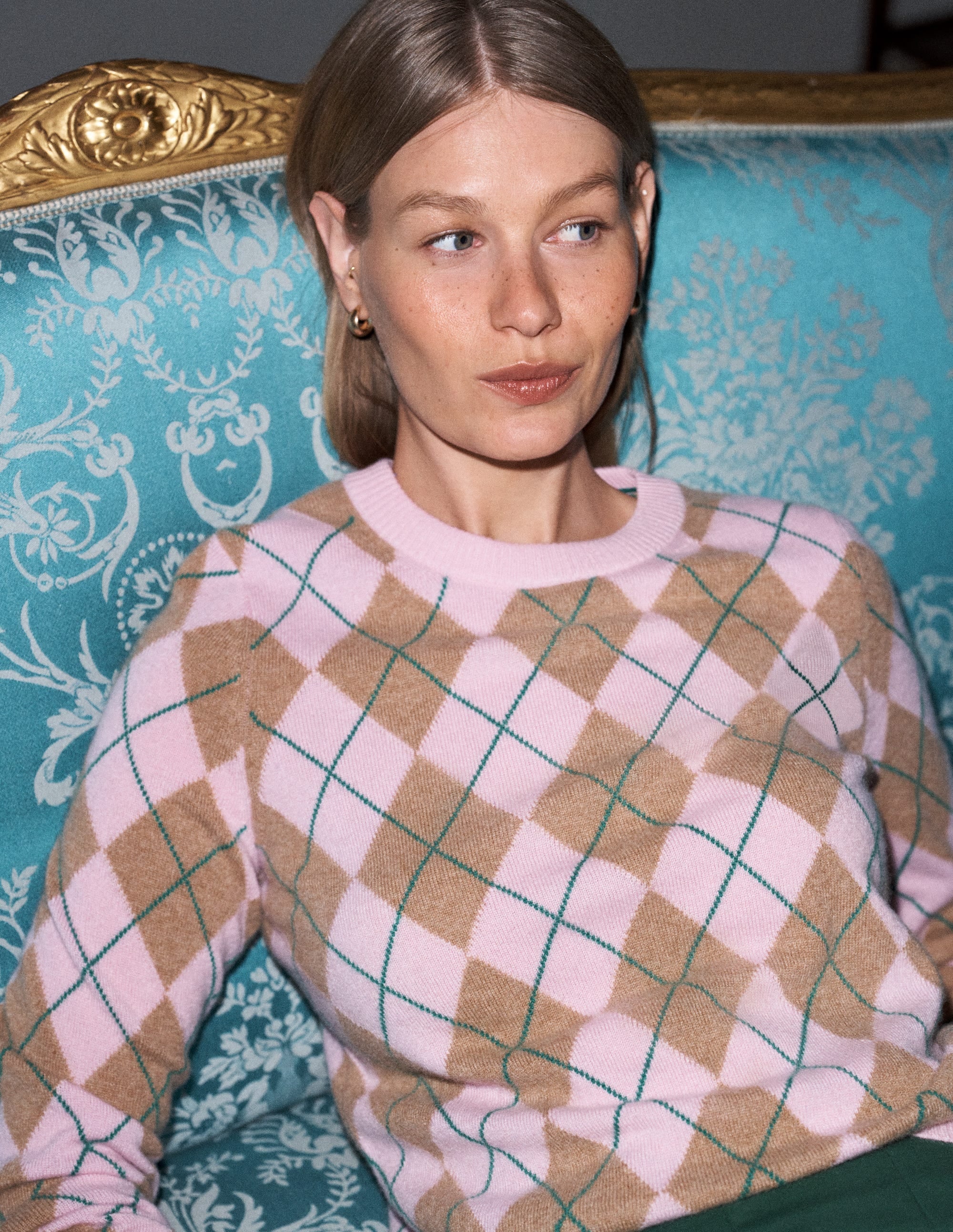 Elsie Cashmere Crew Jumper-Pink Heather, Argyle - Image 1