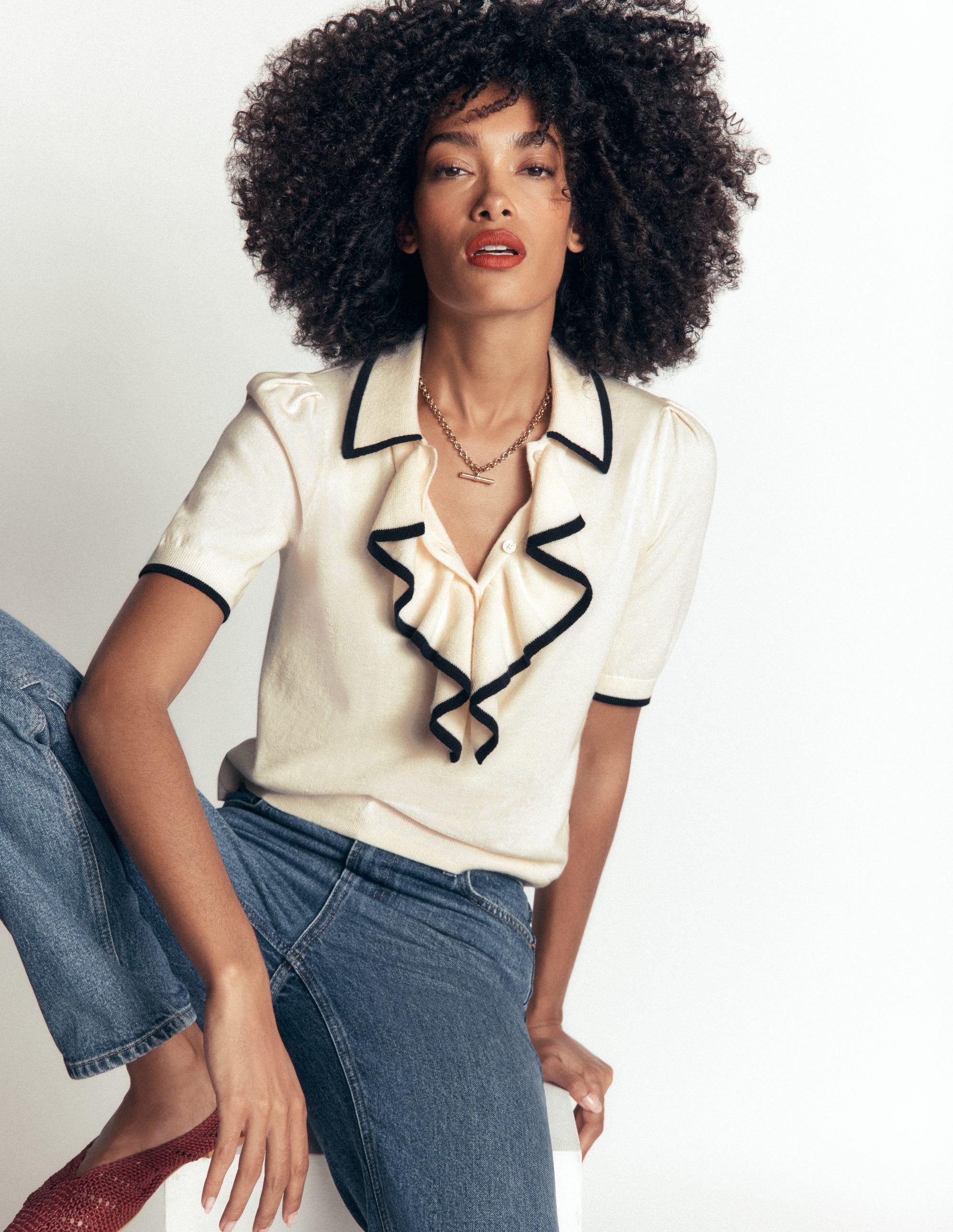 Ruffle Collar Knitted T-Shirt-Warm Ivory - Image 1