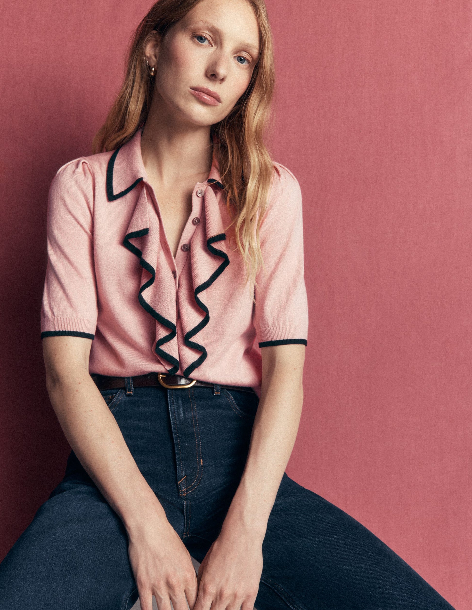 Ruffle Collar Knitted T-Shirt-Blush Ivory-1
