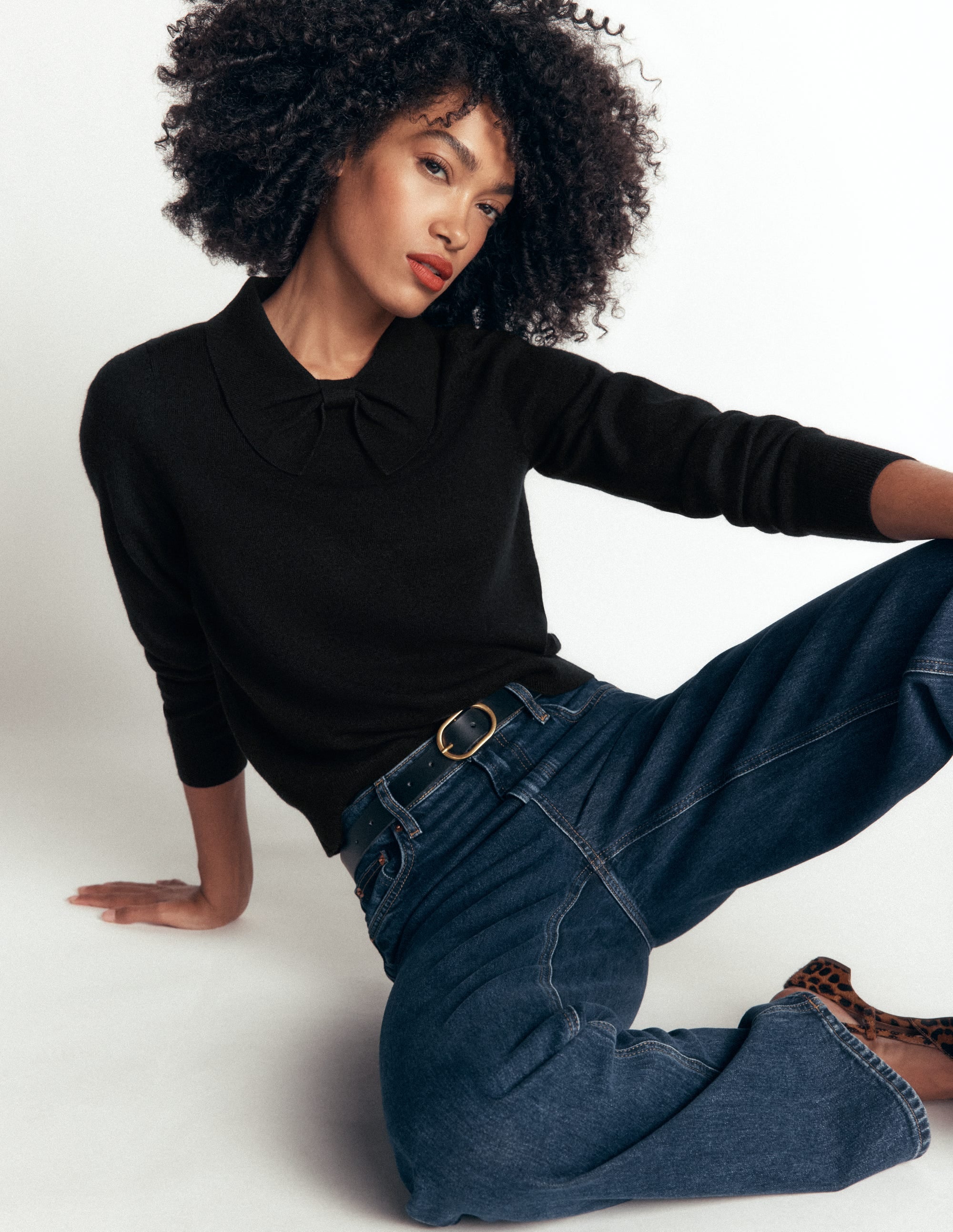 Bow Neck Knitted Jumper-Black - Image 1