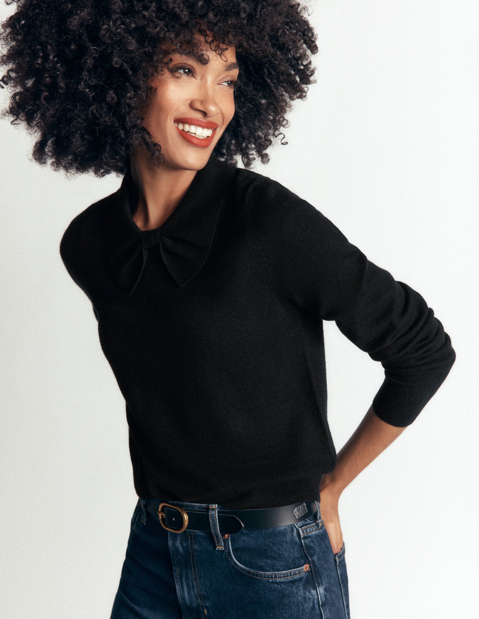 Bow Neck Knitted Jumper-Black-2
