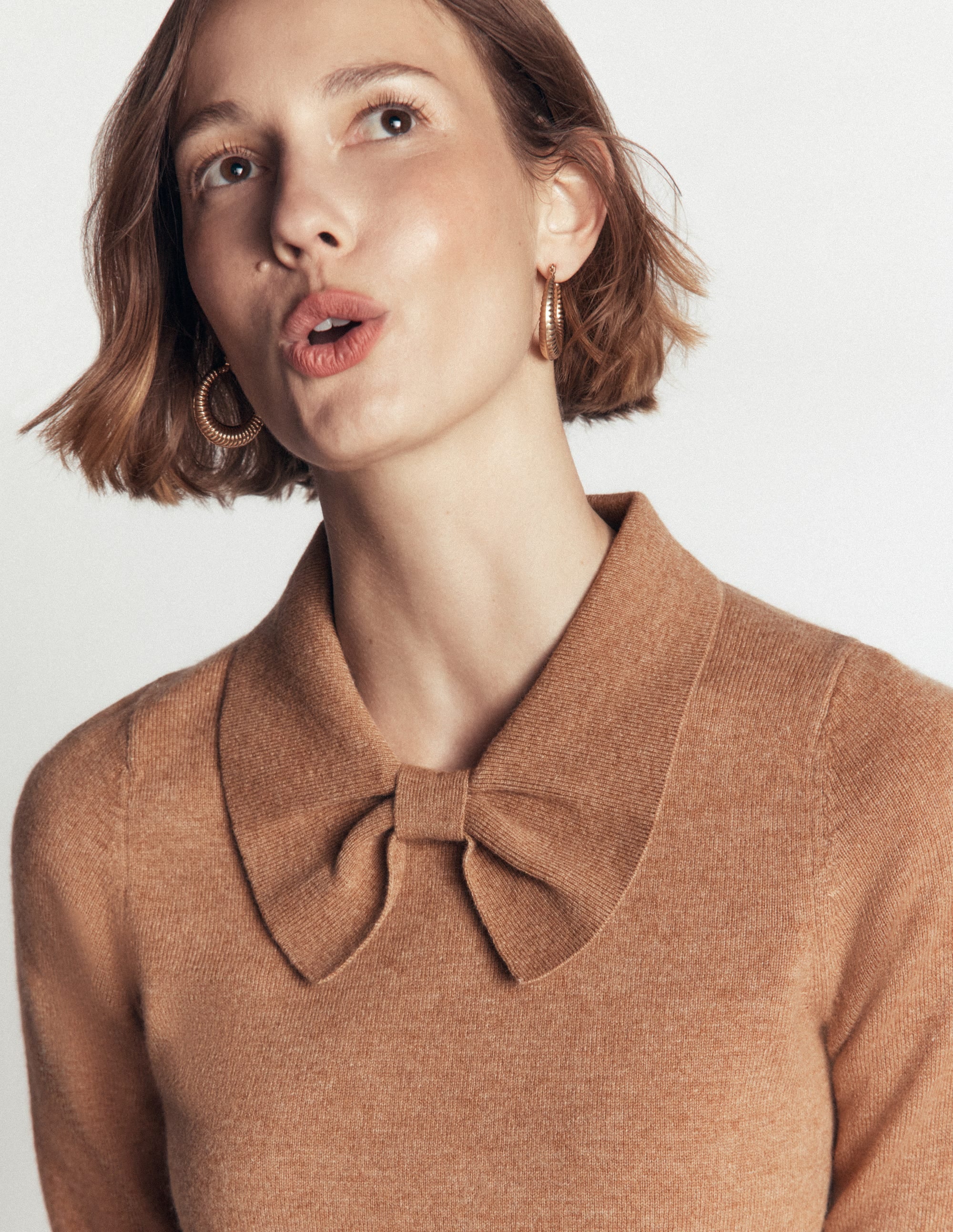 Bow Neck Knitted Jumper-Camel Melange - Image 2