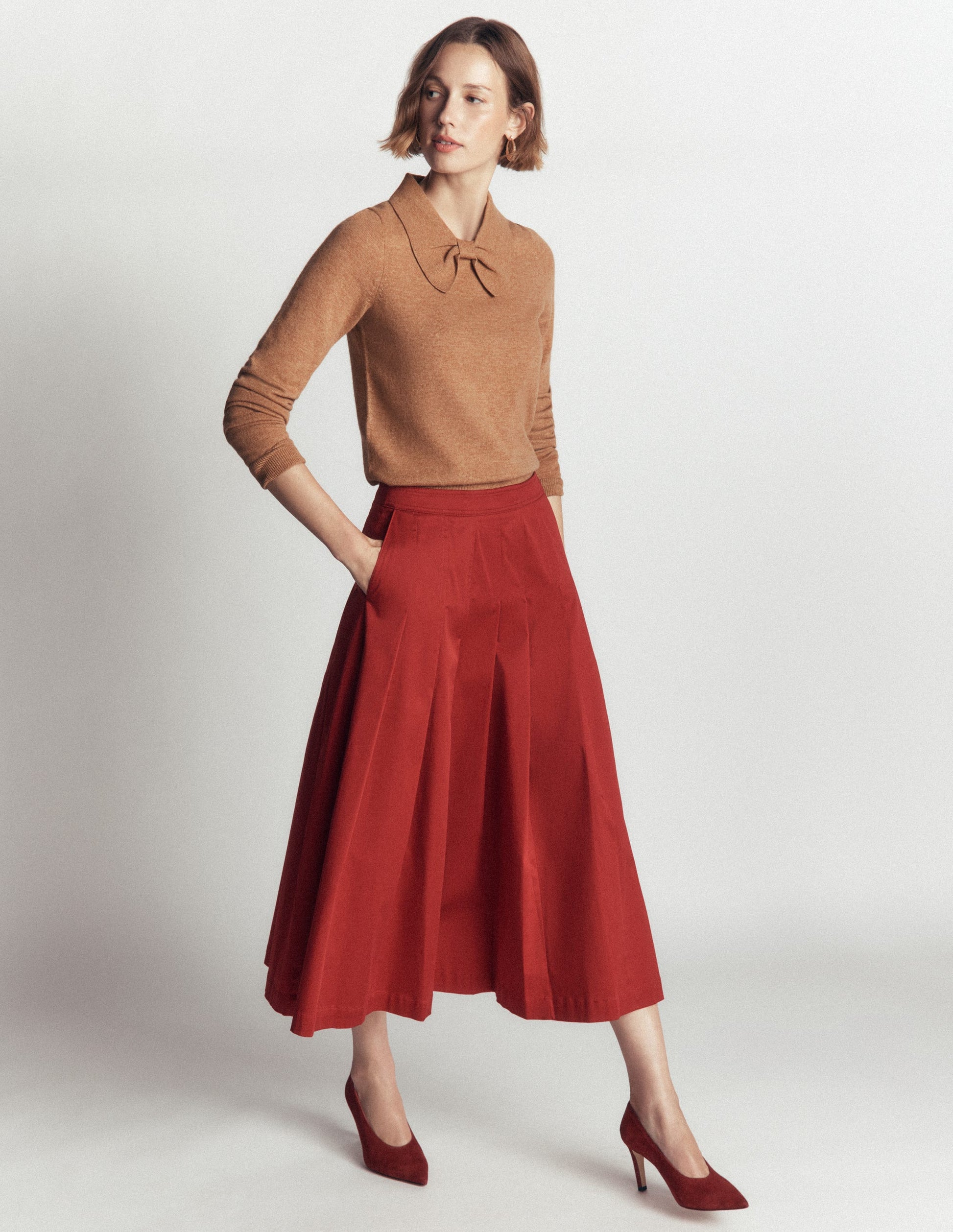 Bow Neck Knitted Jumper-Camel Melange-4
