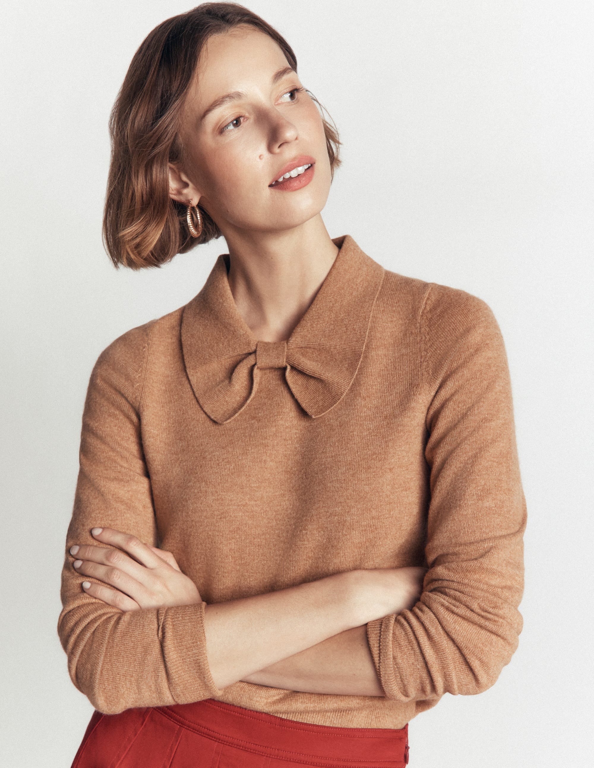 Bow Neck Knitted Jumper-Camel Melange - Image 5