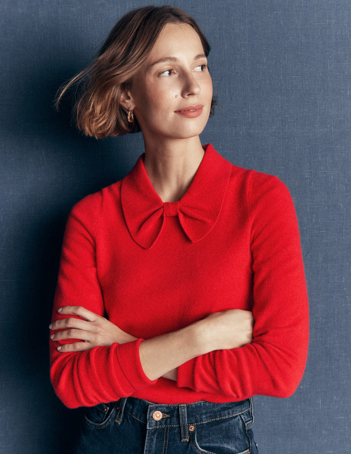Bow Neck Knitted Jumper-Poppy Red