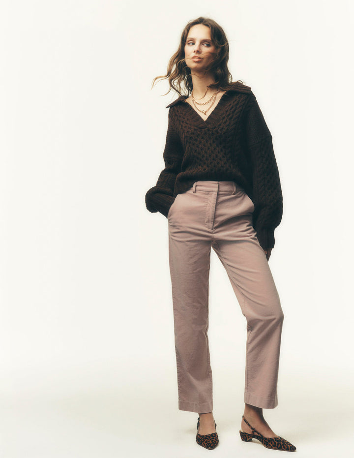 Collared Cable Knit Jumper-Raw Umber