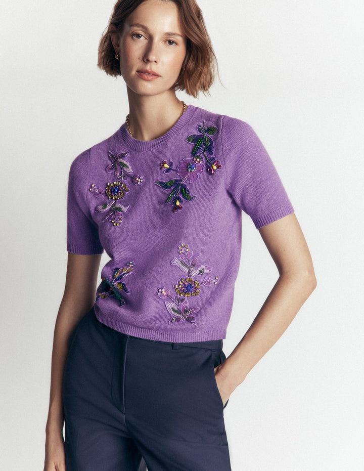 Ria Embellished Knit T-Shirt-Amethyst Purple