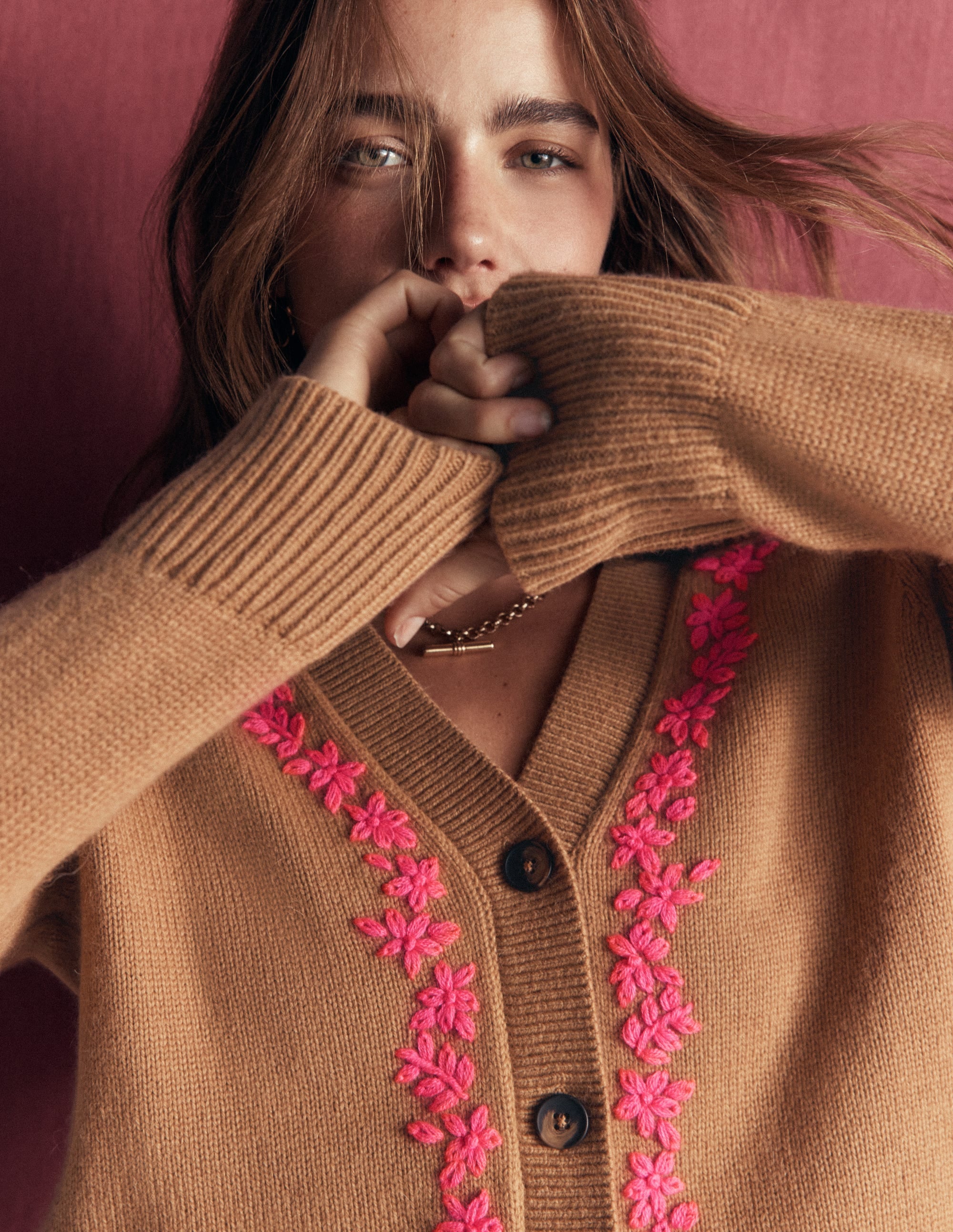 Ella Embroidered Knit Cardigan-Camel, Embroidery - Image 5