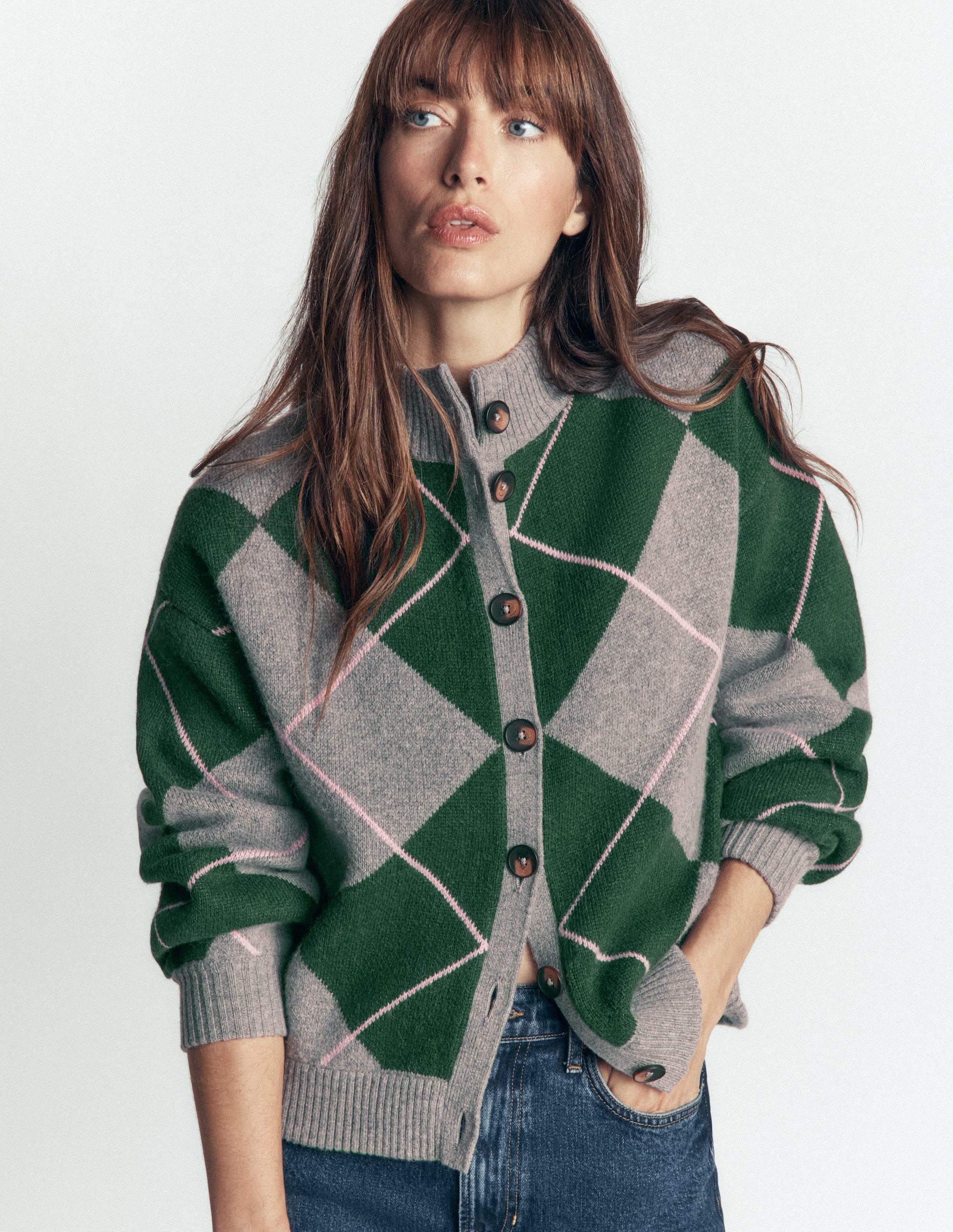 Jemma Jacquard Knit Cardigan-Hunter Green Argyle - Image 4