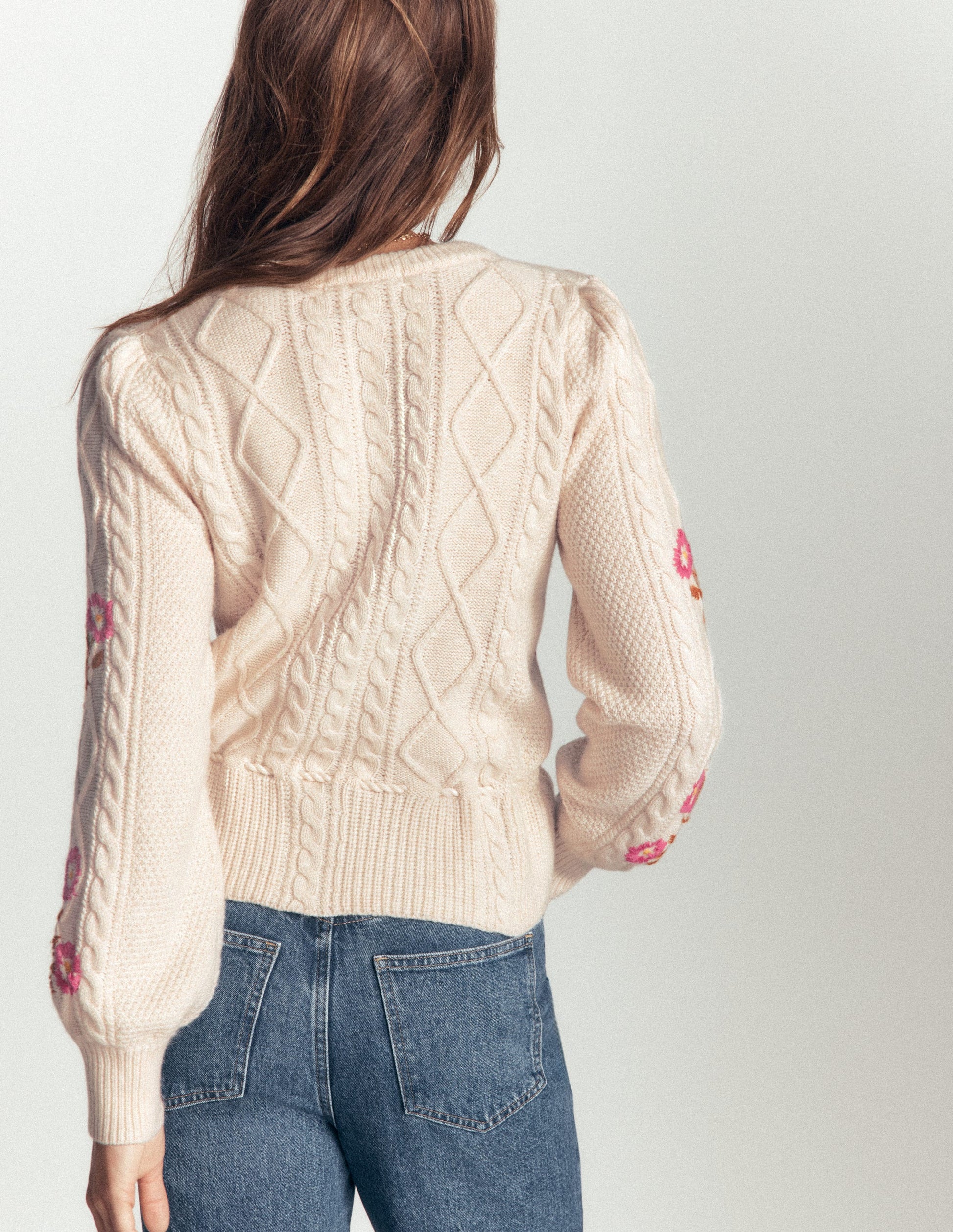 Cable Knitted Cardigan-Ecru Marl, Embroidery-2