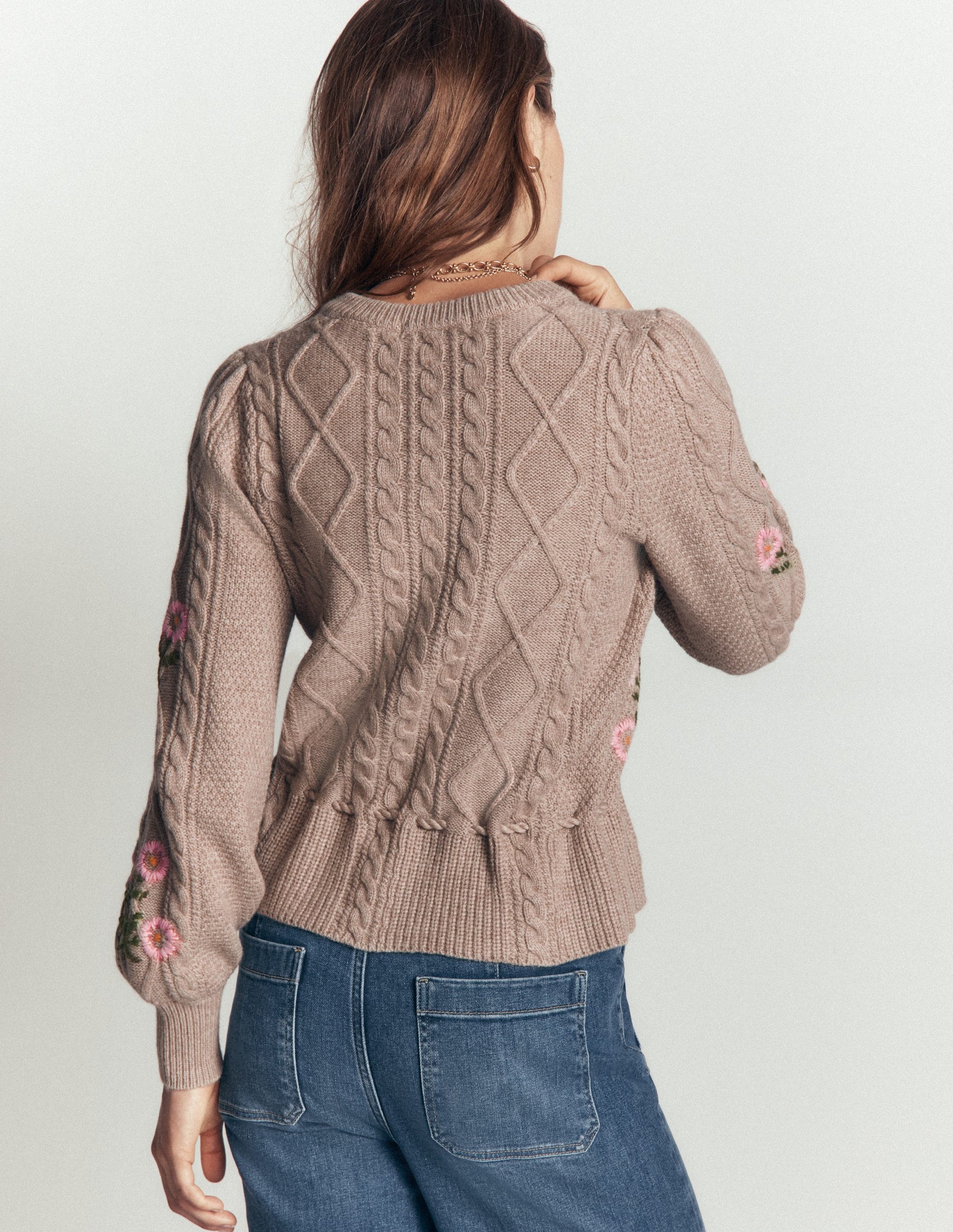 Cable Knitted Cardigan-Mink Melange, Embroidery-5