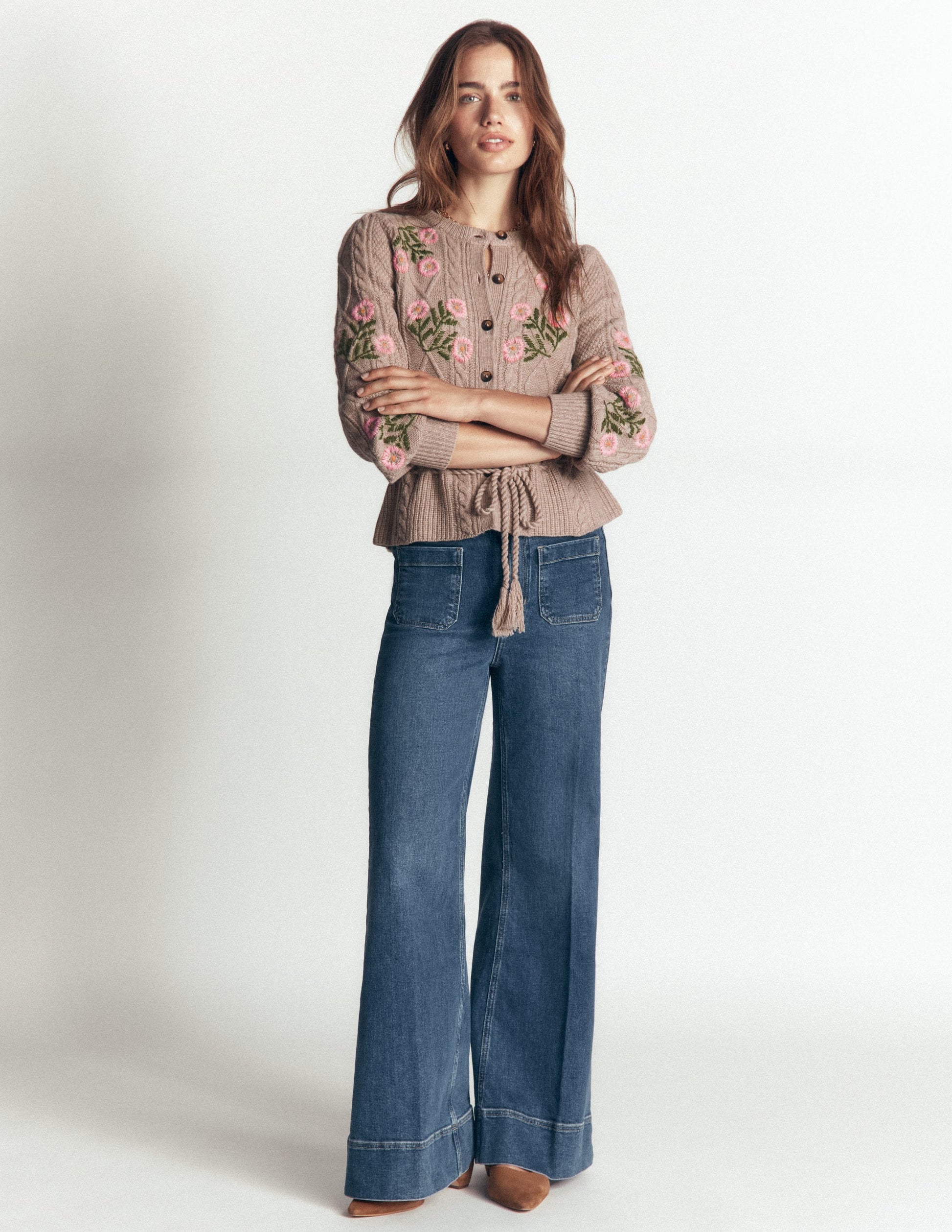 Cable Knitted Cardigan-Mink Melange, Embroidery-6